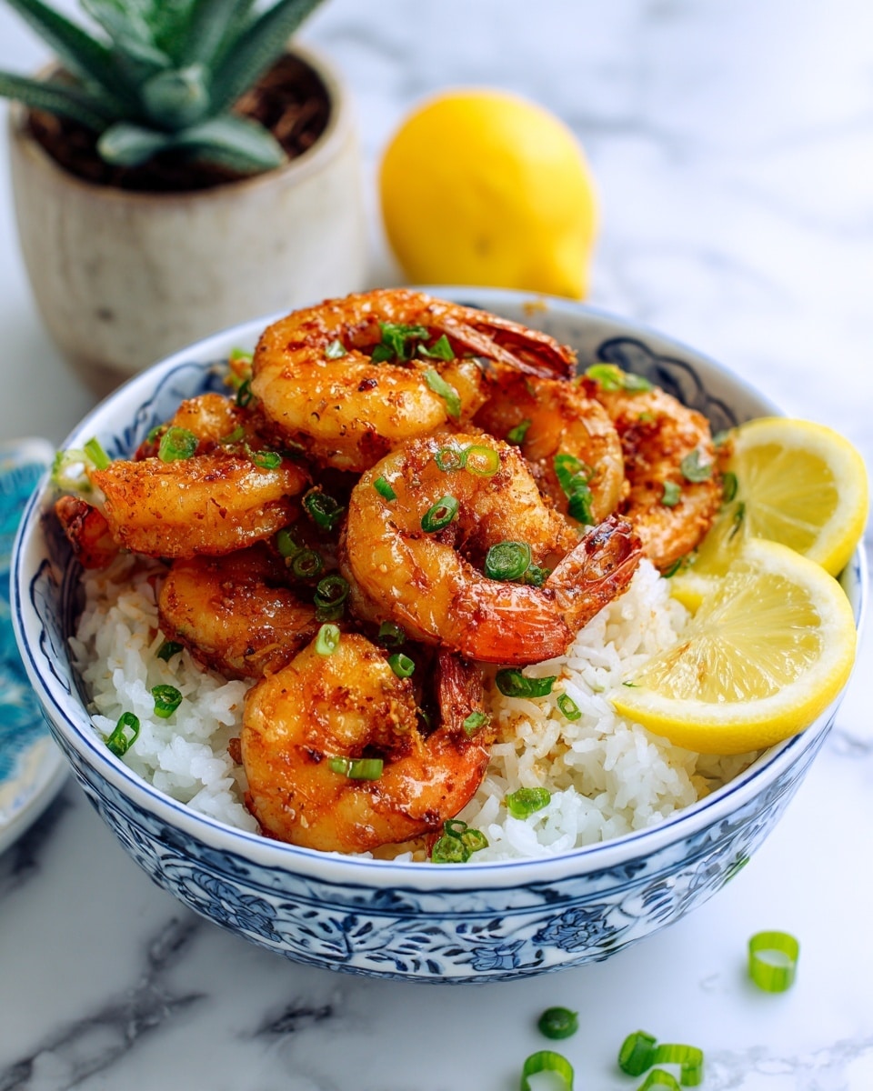 A white bowl with blue patterns holds a layer of white rice at the bottom, topped with a layer of cooked shrimps that are bright orange and shiny with sauce. The shrimp layer is sprinkled with small green chopped herbs, mostly chives, adding a fresh color contrast. On one side inside the bowl, there are two lemon wedges placed on the rice, their bright yellow color adding freshness to the dish. The bowl is set on a light blue surface with a piece of brown textured cloth beneath it, and in the background, there is a blurred green plant in a red pot and a whole yellow lemon, with chopsticks nearby. Photo taken with an iphone --ar 4:5 --v 7