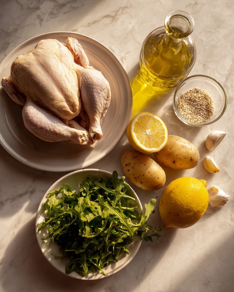 The image shows uncooked chicken on a white plate in the lower left corner. Next to the plate, there is a white marbled surface holding two whole raw potatoes with a light brown skin, a lemon half that is bright yellow, a glass container with grains, a small glass bowl with cloves of garlic, a bottle of yellow cooking oil, and a white bowl full of green arugula leaves. The lighting creates warm shadows that fall across the ingredients. Photo taken with an iphone --ar 4:5 --v 7