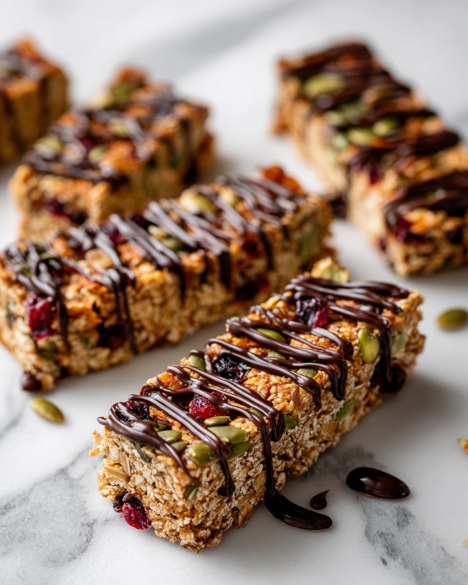 The image shows several crunchy granola bars cut into square pieces and arranged on a white marbled surface. Each bar has a textured base with visible small grains, pumpkin seeds, nuts, and dried fruit pieces in green, orange, and red shades. On top, there are thick, dark brown chocolate drizzle lines applied diagonally across each granola bar, creating a rich and glossy contrast against the rough, uneven surface of the bars. The photo is bright and clear, showing the detailed texture of the ingredients and the shine of the chocolate drizzle photo taken with an iphone --ar 4:5 --v 7