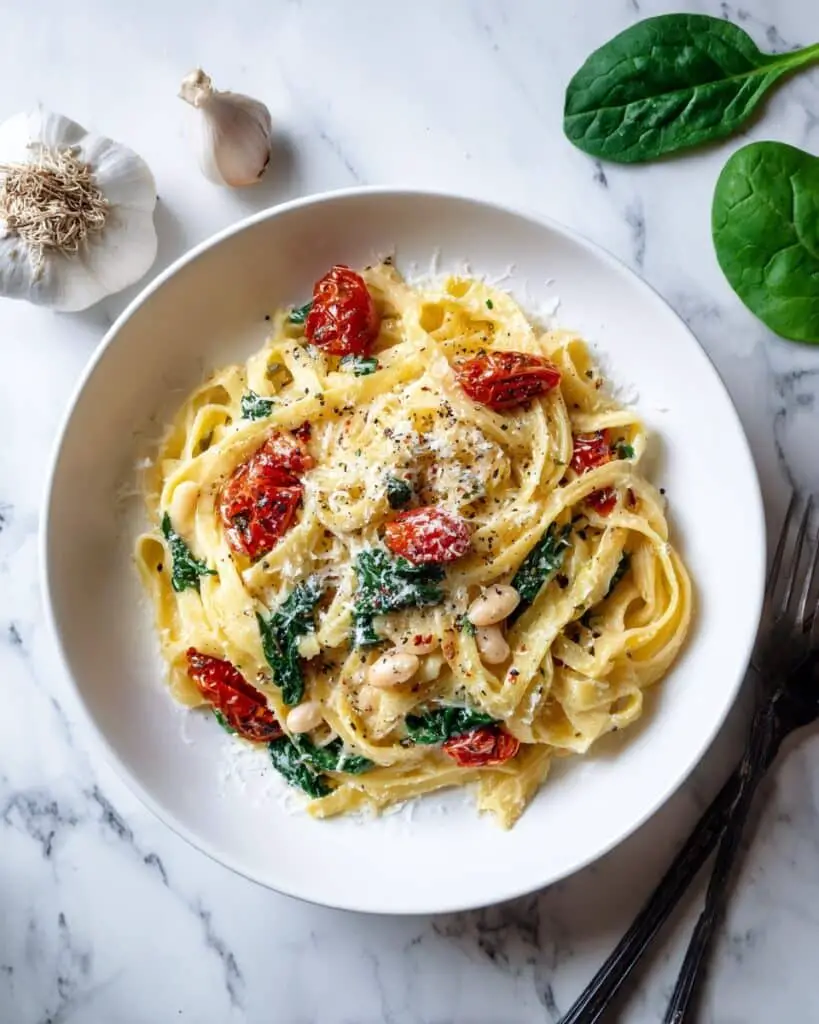 Tuscan White Bean Pasta with Caramelized Garlic, Basil, and Parmesan Recipe