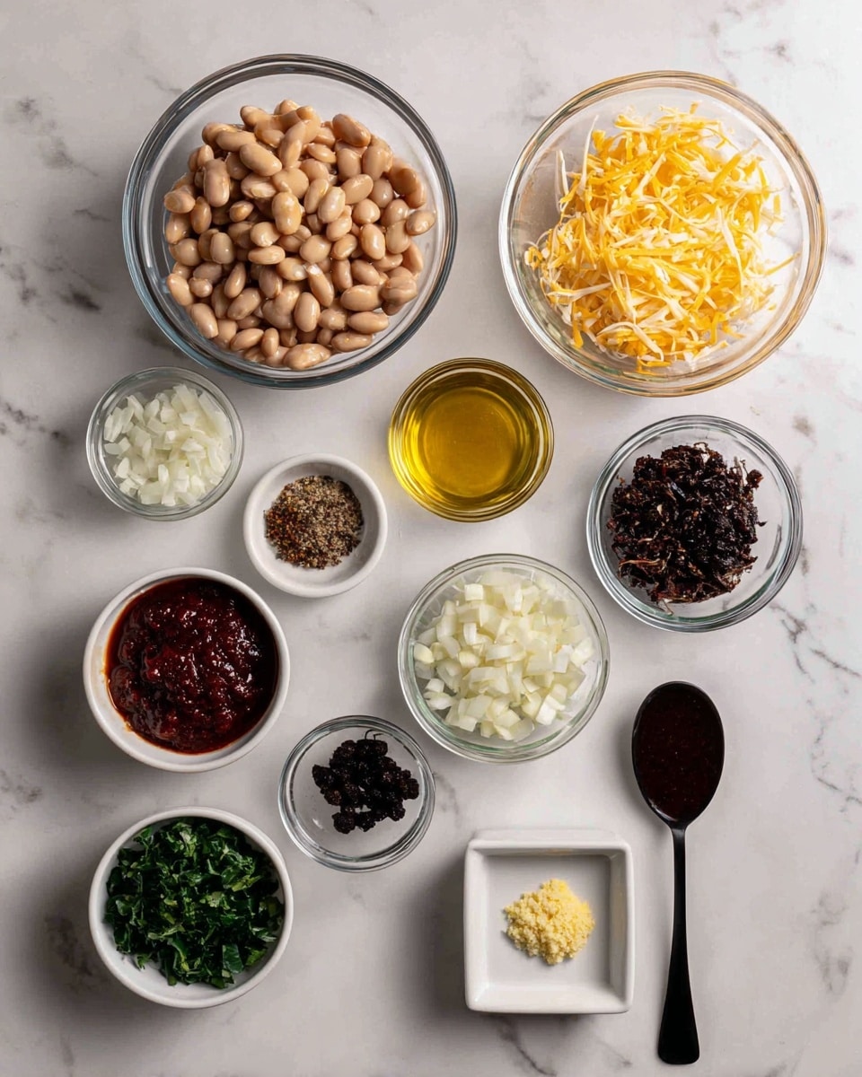The image shows a white marbled surface with nine clear and white bowls arranged in a loose circle, each containing different ingredients for cooking. At the top center is a large clear bowl filled with light brown beans. To the right of it is a smaller white bowl with shredded yellow cheese and a clear glass filled with light yellow oil. On the left, there is a smaller clear bowl with thick red paste and another small white bowl with chopped white onions. Below the beans are two small white dishes, one with small black dried berries and the other with a small pile of green leafy herbs. At the bottom center, there are two square white bowls, one holding minced pale yellow garlic and the other holding a small amount of black pepper. A black spoonful of dark brown sauce rests on the right center. Everything sits evenly spaced on the white marbled surface. photo taken with an iphone --ar 4:5 --v 7