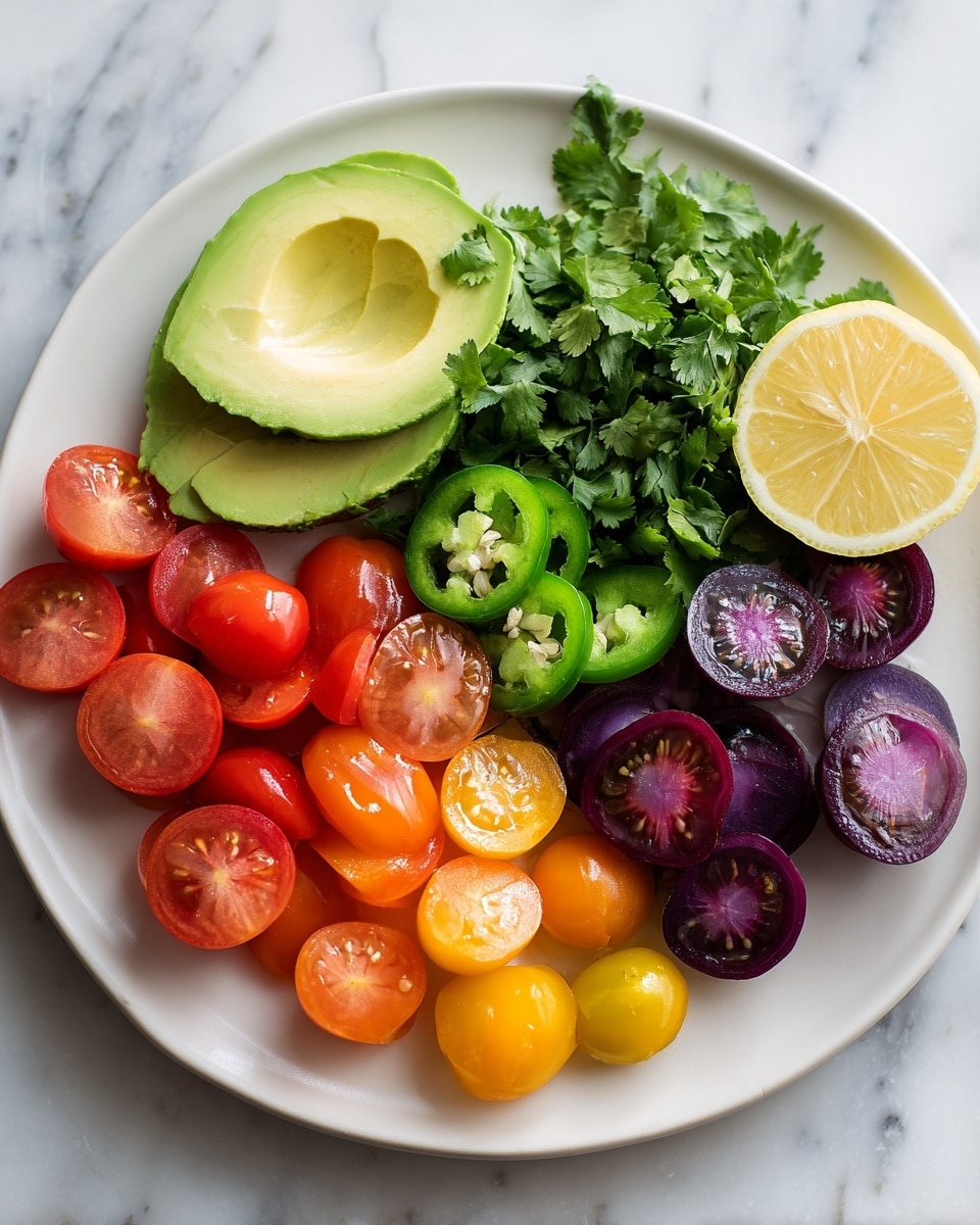 The image shows a white plate on a white marbled surface, filled with colorful layers of fresh ingredients. At the bottom, there are halved cherry tomatoes in red, purple, orange, and yellow with a shiny, smooth texture. Next to the tomatoes, there is a halved avocado with light green flesh and the seed visible on one half. A lemon wedge sits nearby, bright yellow and juicy-looking. Thin slices of green jalapeño peppers and fresh green cilantro with leafy stems fill the remaining space. The overall look is vibrant and fresh with a variety of colors and textures photo taken with an iphone --ar 4:5 --v 7