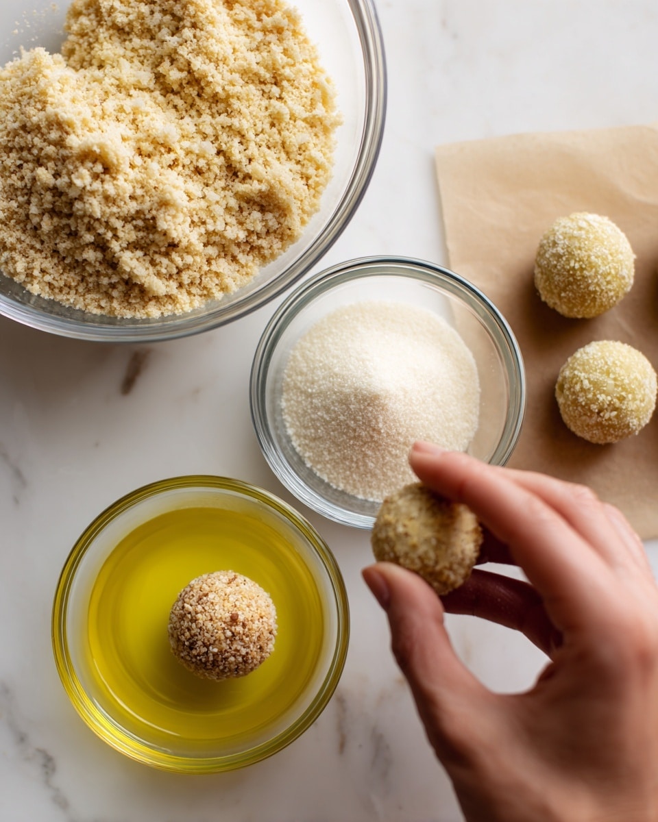 The image shows a close-up of three clear glass bowls on a white marbled surface. The top bowl is filled with a light brown crumbly mixture, the left bowl contains a white powdery ingredient, and the bottom bowl holds a yellow liquid with a ball dipped inside it. To the right on a brown paper, there is a ball covered in the light brown crumbs resting next to another ball partially coated. A woman's hand is about to dip another ball into the yellow liquid. Photo taken with an iphone --ar 4:5 --v 7