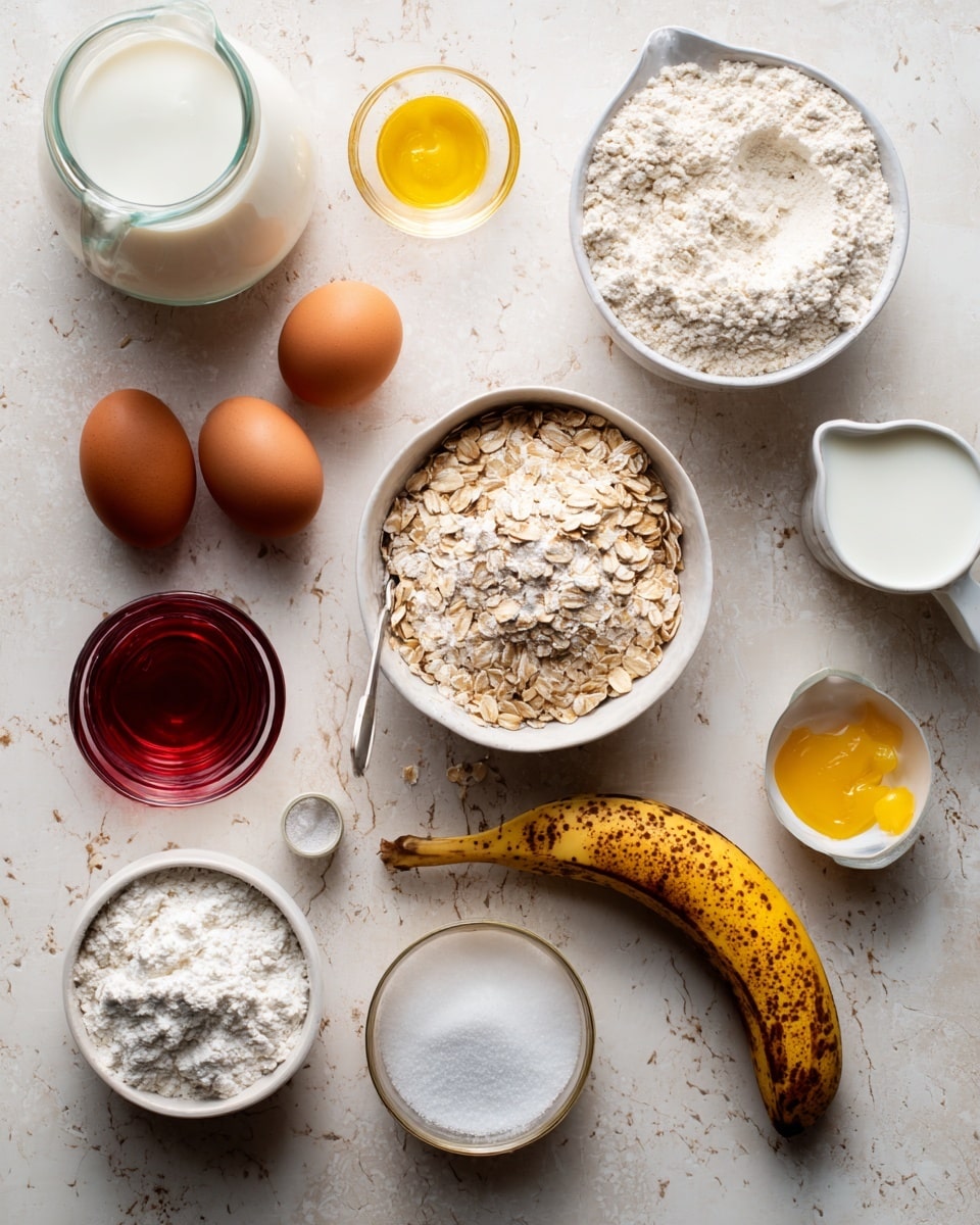 A flat lay image showing various baking ingredients arranged on a white marbled surface, including three brown eggs positioned near the bottom left, a bowl filled with rolled oats with a white measuring cup inside it on the right side, a half-ripen banana with brown spots and a white measuring cup holding a thick white ingredient below it, a small white bowl filled with coarse salt next to the banana, a glass bowl with light flour and a small spoon, a small glass bottle with a dark liquid, a clear glass jug with red liquid in the center, a small glass container with yellow oil, an opened yellow baking powder tin filled with white powder at the top right, and a large glass jug of white milk at the top, all captured in soft natural light photo taken with an iphone --ar 4:5 --v 7