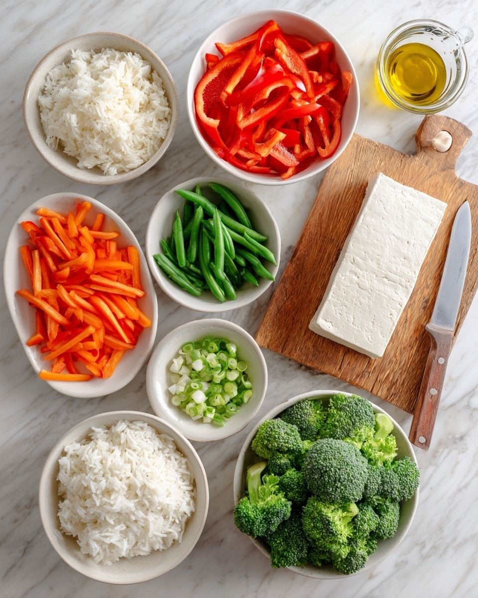 The image shows a variety of fresh ingredients arranged neatly on a white marbled surface. There are two white bowls filled with bright red sliced bell peppers and orange carrot slices. Small white bowls hold chopped garlic, sliced green beans, and chopped green onions. A larger white bowl contains fluffy white rice, while a medium white bowl has fresh broccoli florets. A block of tofu is placed on a small wooden cutting board with a woman's hand holding a knife poised above it. A glass container of golden olive oil is nearby. Everything is bright and colorful with clear details, photo taken with an iphone --ar 4:5 --v 7