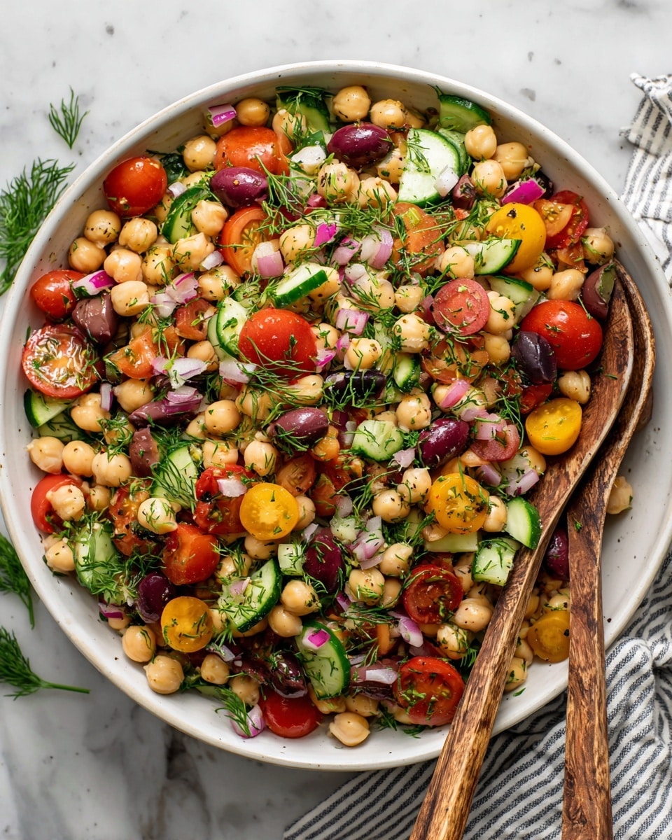 A large white bowl sits on a white marbled surface filled with a colorful chickpea salad. The salad has four main layers: the base layer is diced light and dark green cucumber pieces, then round halves of bright red and yellow cherry tomatoes, followed by pale beige chickpeas scattered evenly, and thin slices of bright purple-red onion on top. Fresh green dill and parsley leaves are mixed throughout, adding a leafy texture. Two wooden salad spoons rest on the side of the bowl, partially covered in the salad. photo taken with an iphone --ar 4:5 --v 7
