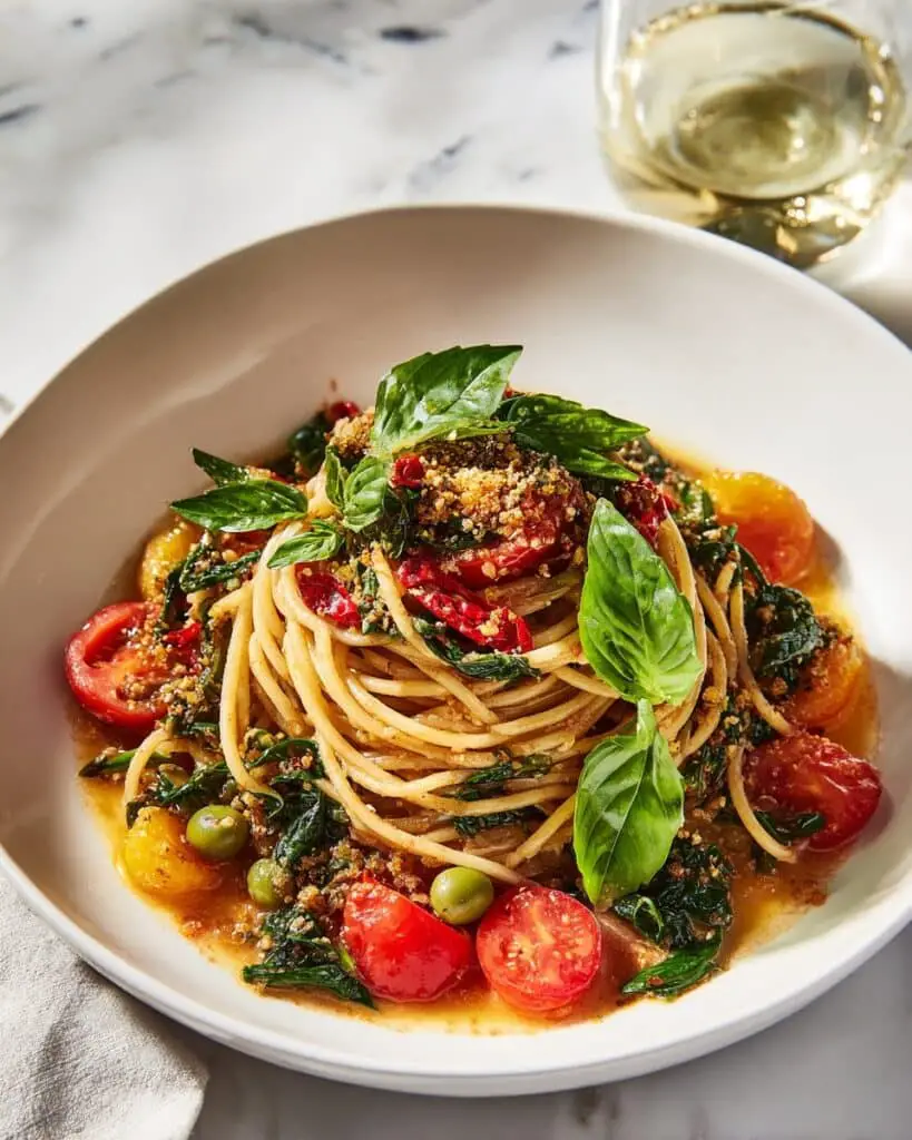 Garden Fresh Herb and Olive Pasta with Parmesan and Pistachio Breadcrumbs Recipe