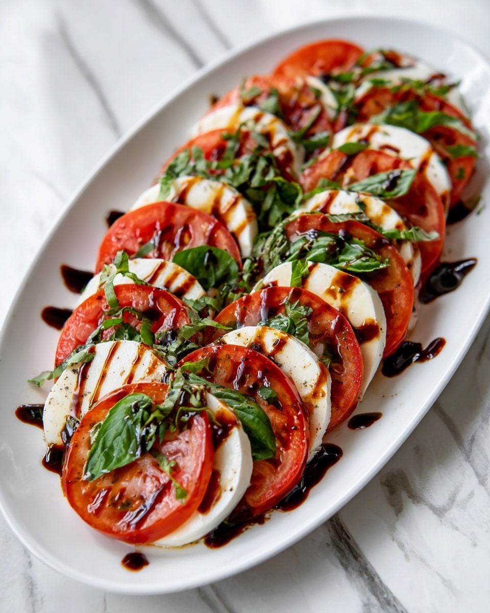 On a white oval plate, there are multiple layers of thick white cheese slices, bright red tomato slices, and fresh green basil leaves arranged in a repeating pattern. Each stack has one white cheese slice at the bottom, a green basil leaf in the middle, and a red tomato slice on top, or vice versa. The dish is drizzled with a dark brown balsamic glaze that creates shiny streaks over the layers and around the plate. The background has a white marbled surface. Photo taken with an iphone --ar 4:5 --v 7