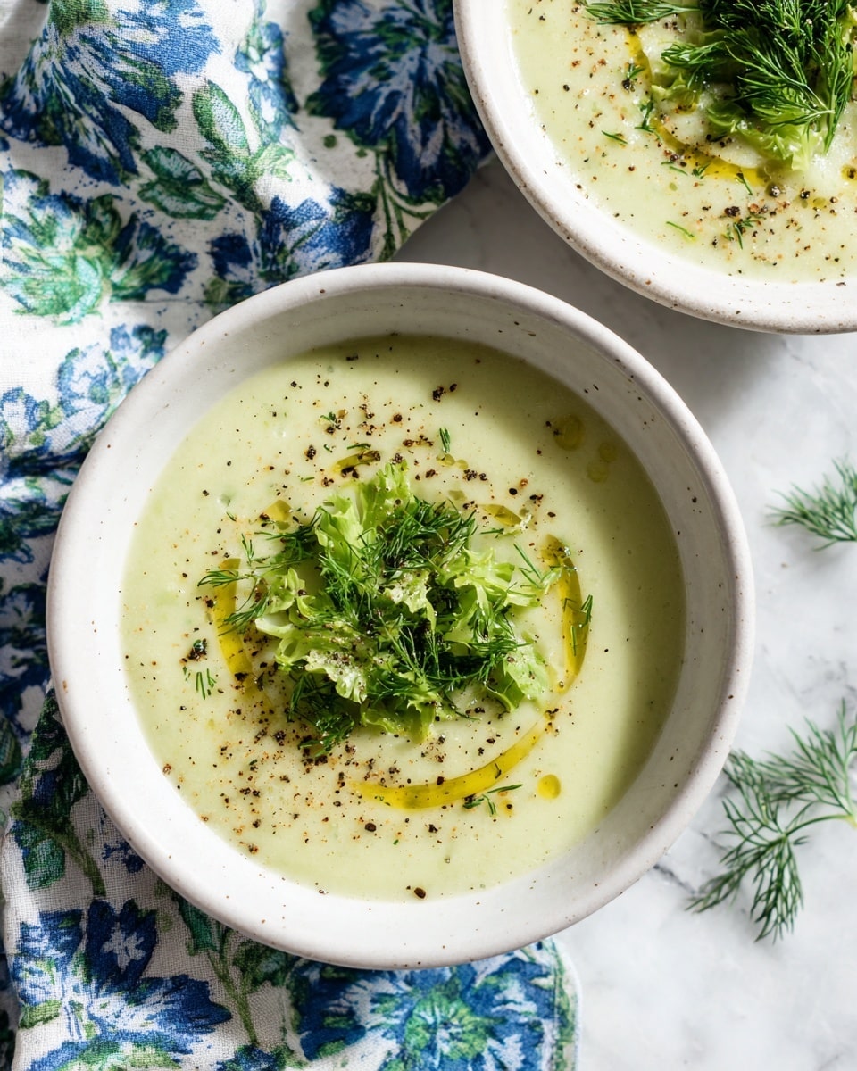The image shows two white bowls filled with creamy green soup that has a smooth texture with small specks of herbs. Each bowl has a drizzle of olive oil forming circular lines on the surface. In the center of the near bowl, there is a pile of fresh green herbs with a mix of parsley and dill, adding a fresh touch. The bowls are placed on a white marbled surface with a blue and white floral cloth partially under them. The colors are mostly light green, white, and blue with a cozy, fresh feel. photo taken with an iphone --ar 4:5 --v 7