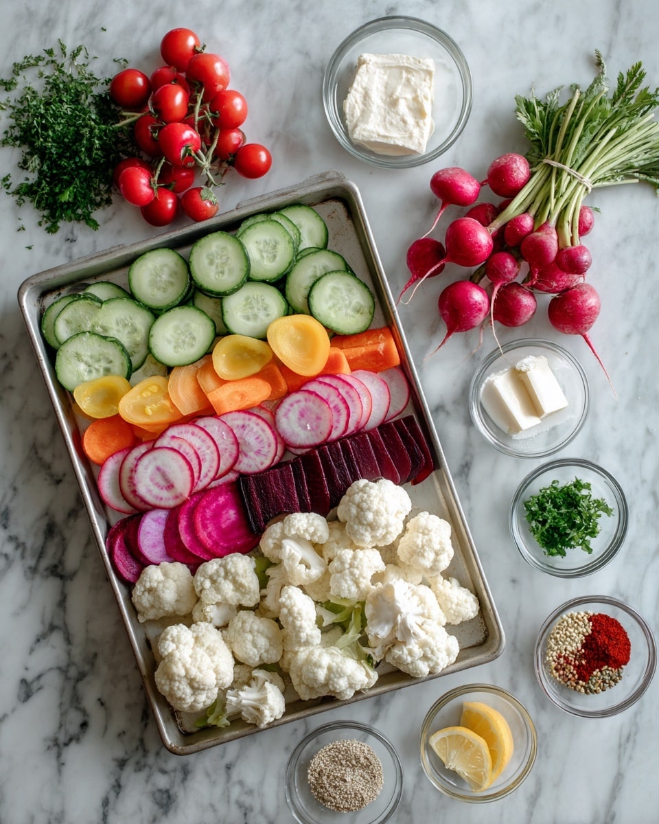 The image shows a tray filled with colorful fresh vegetables, arranged in neat rows on a white marbled surface. At the back of the tray, there are sliced cucumbers and round slices of red and white striped beets. Next to them are small whole radishes and a bunch of rainbow carrots with green tops still attached. On the front side of the tray, small white cauliflower florets and leafy green vegetables are placed. Around the tray, small clear bowls hold ingredients such as a block of white cheese, chopped green herbs, white creamy sauce, chopped garlic, red spice powder, lemon zest, and seeds. A cluster of red cherry tomatoes is placed near the tray. photo taken with an iphone --ar 4:5 --v 7
