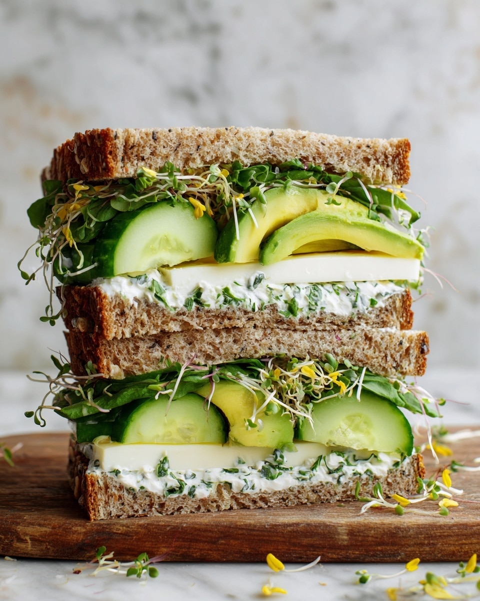 A close-up of a sandwich cut in half and stacked, showing three layers of whole grain bread with a rough texture. Between the bread layers are thin slices of pale green cucumber, light green avocado slices, small green leafy herbs, and white creamy spread with green flecks. There are also light yellow and green sprouts scattered inside and slightly sticking out. The sandwich sits on a wooden board, with some crumbs and sprouts around it on a surface that has a white marbled texture. Photo taken with an iphone --ar 4:5 --v 7