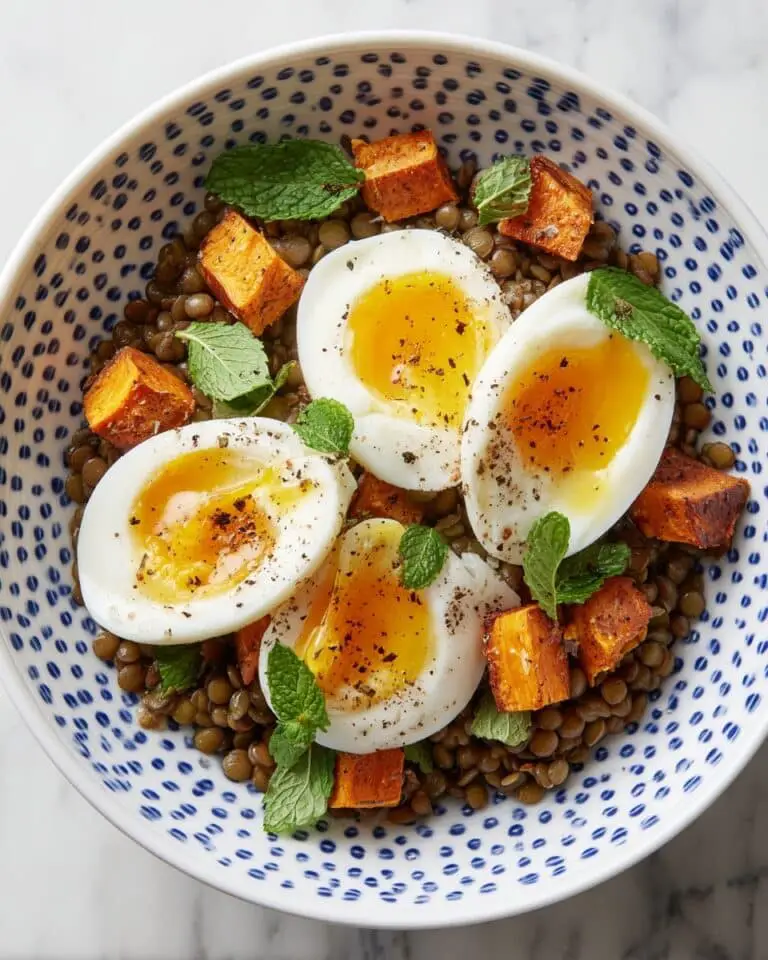 Lentil and Sweet Potato Breakfast Bowl with Soft-Boiled Eggs and Tahini-Honey Dressing Recipe