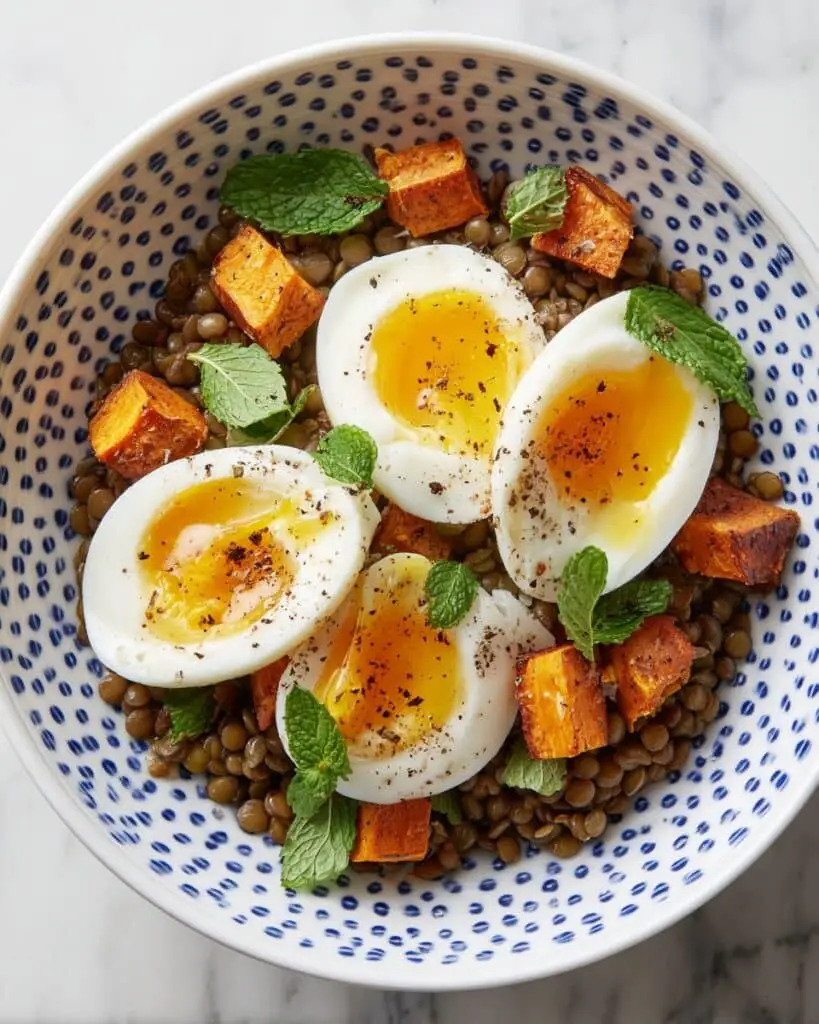 Lentil and Sweet Potato Breakfast Bowl with Soft-Boiled Eggs and Tahini-Honey Dressing Recipe