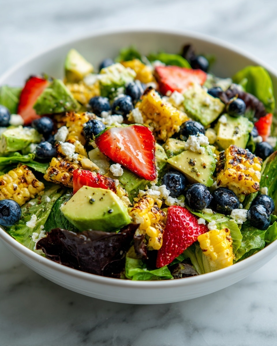 The image shows a wooden board with eight white bowls of different sizes neatly arranged on it. Starting from the top left, there is a bowl filled with green cucumber cubes. To its right is a bowl full of red strawberry pieces. Below the cucumber bowl, there is a bowl with yellow corn kernels mixed with some white pieces. Next to it, slightly to the right and down, is a small bowl with a smooth yellow sauce. Below the corn bowl is a small white spoon or scoop filled with white crumbly cheese. To the right of it, a bowl contains halved bright red cherry tomatoes. Between the small yellow sauce bowl and the tomato bowl, fresh green basil leaves are placed directly on the board. The wooden board sits on a white marbled surface. photo taken with an iphone --ar 4:5 --v 7