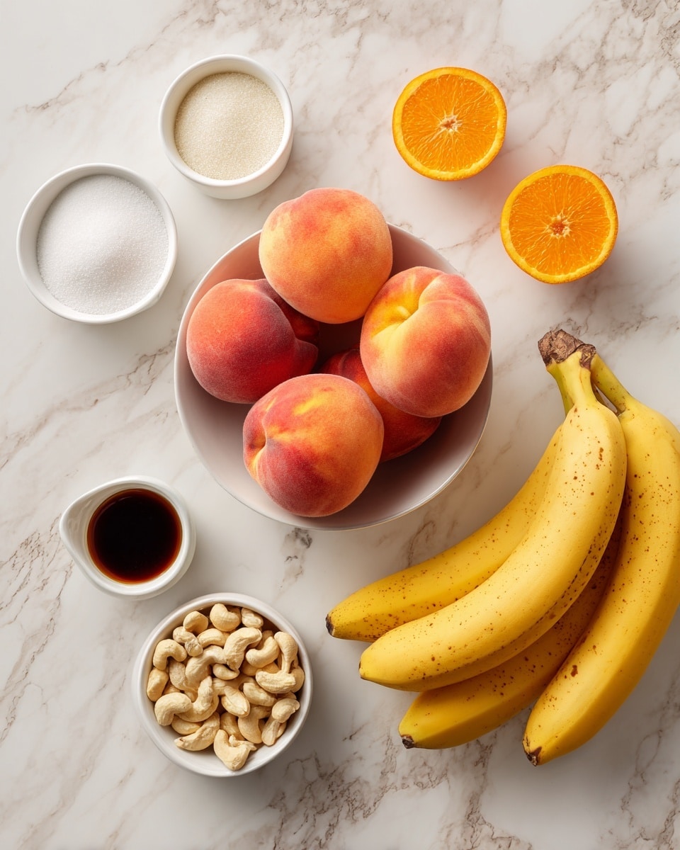 A white bowl filled with ripe peaches sits in the center on a white marbled surface. To the right, a bunch of yellow bananas with small brown spots rest directly on the white marbled background. On the left side are small white bowls holding various ingredients: one with white granulated sugar, one with cashew nuts, one with light green seeds, and a small cup with dark brown vanilla extract. Two orange halves and a whole orange are also placed nearby on the white marbled surface, completing the fresh and colorful arrangement. photo taken with an iphone --ar 4:5 --v 7