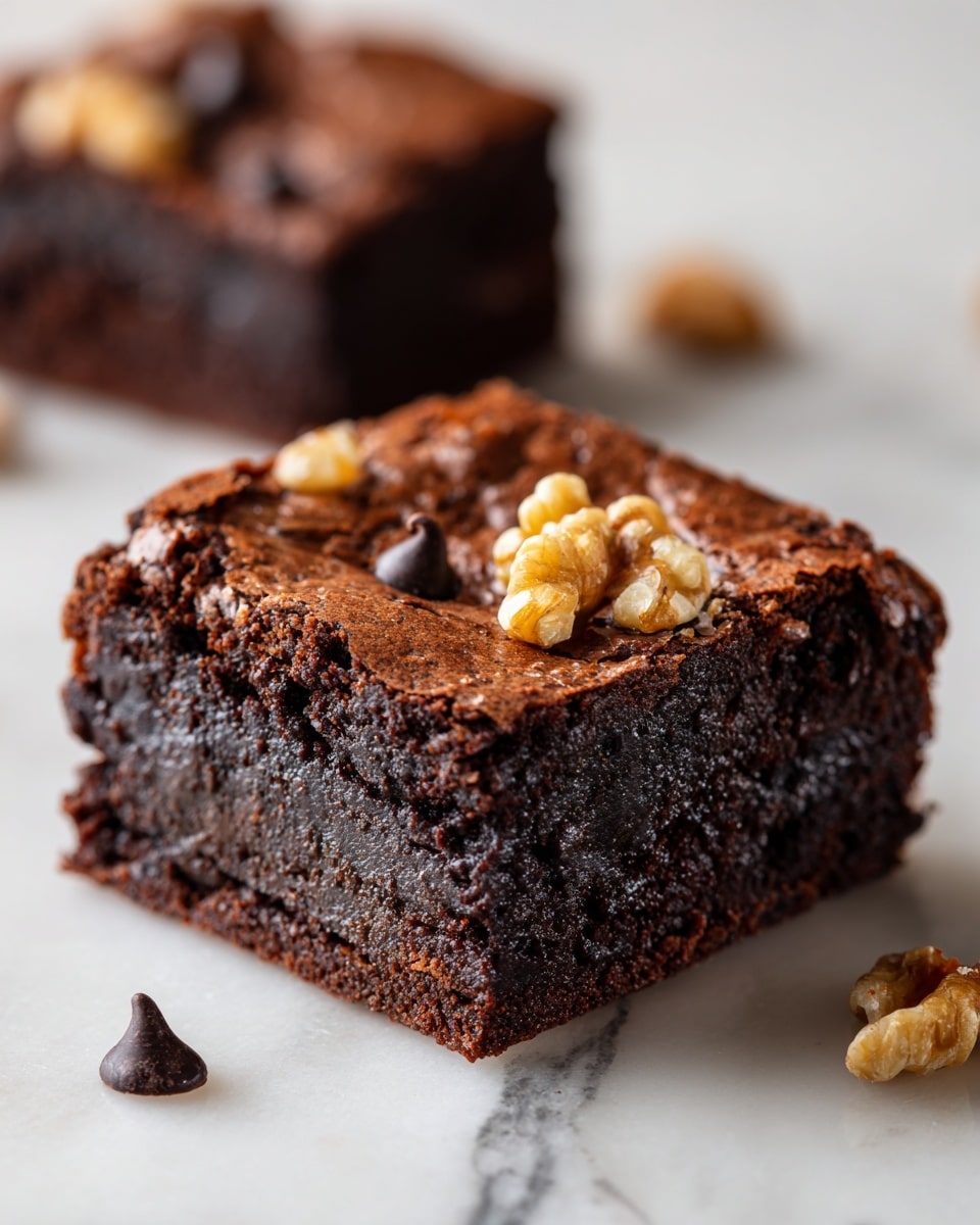 A close-up image of a square chocolate brownie placed on a white plate with a white marbled surface underneath. The brownie has a rich dark brown color with a soft, slightly rough texture on top. Scattered on the top layer are small pieces of walnut, light brown and creased, along with some small dark chocolate chips, adding detail and contrast. The image focuses mostly on the single brownie piece in the front, with parts of other brownies visible in the background. The photo taken with an iphone --ar 4:5 --v 7