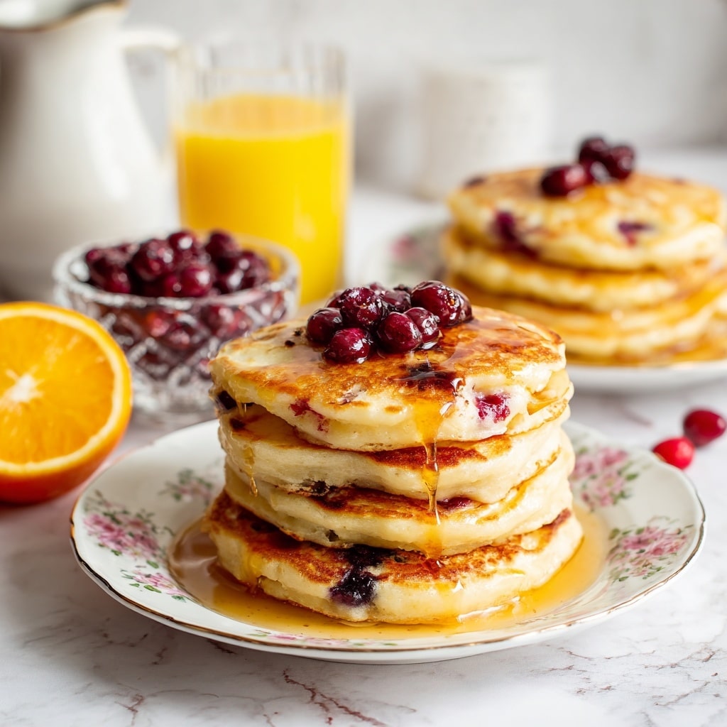 A stack of three golden-brown pancakes sits in the center of a white plate with a delicate floral rim, with a fork and knife cutting into the top pancake revealing red berries inside. The pancakes have a slightly uneven texture with visible air pockets, topped with syrup that glistens warmly. To the right, a clear glass filled with orange juice reflects light softly, and behind it is another stack of pancakes on a white plate. On the left side, a small clear bowl filled with dark red cranberries and two orange halves are arranged on the white marbled surface. In the background, a small white ceramic pitcher sits quietly. photo taken with an iphone --ar 4:5 --v 7