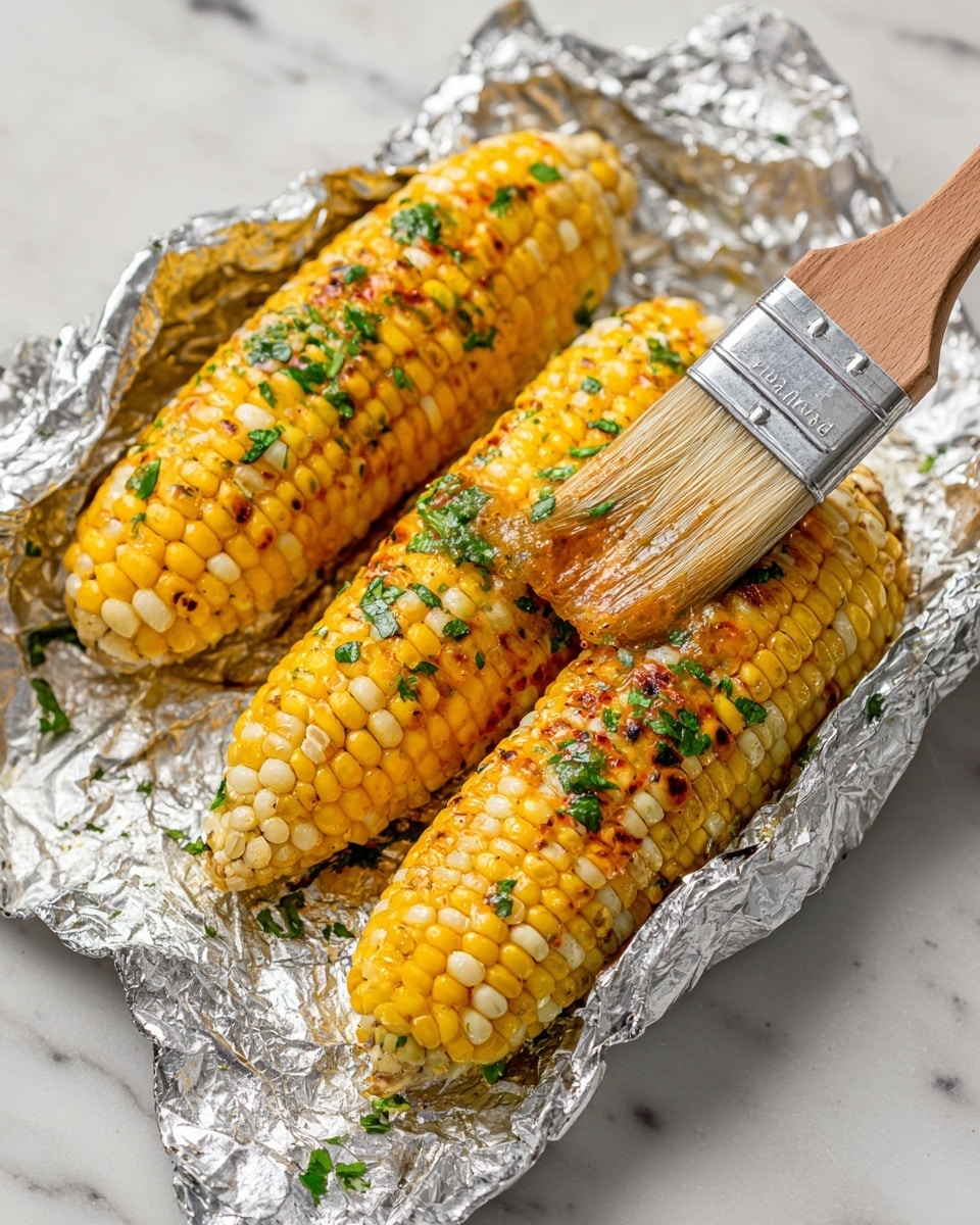 The image shows three grilled corn on the cob pieces wrapped partially in shiny silver foil, placed on a white marbled surface. Each corn shows a mix of bright yellow and light golden kernels with slight char marks for a grilled look. One ear of corn is being brushed with a light brown sauce mixed with small green herb bits using a large flat brush with wooden handle. The foil is peeled back to reveal most of the corn, while the kernels glisten with sauce giving a fresh and juicy feel. photo taken with an iphone --ar 4:5 --v 7