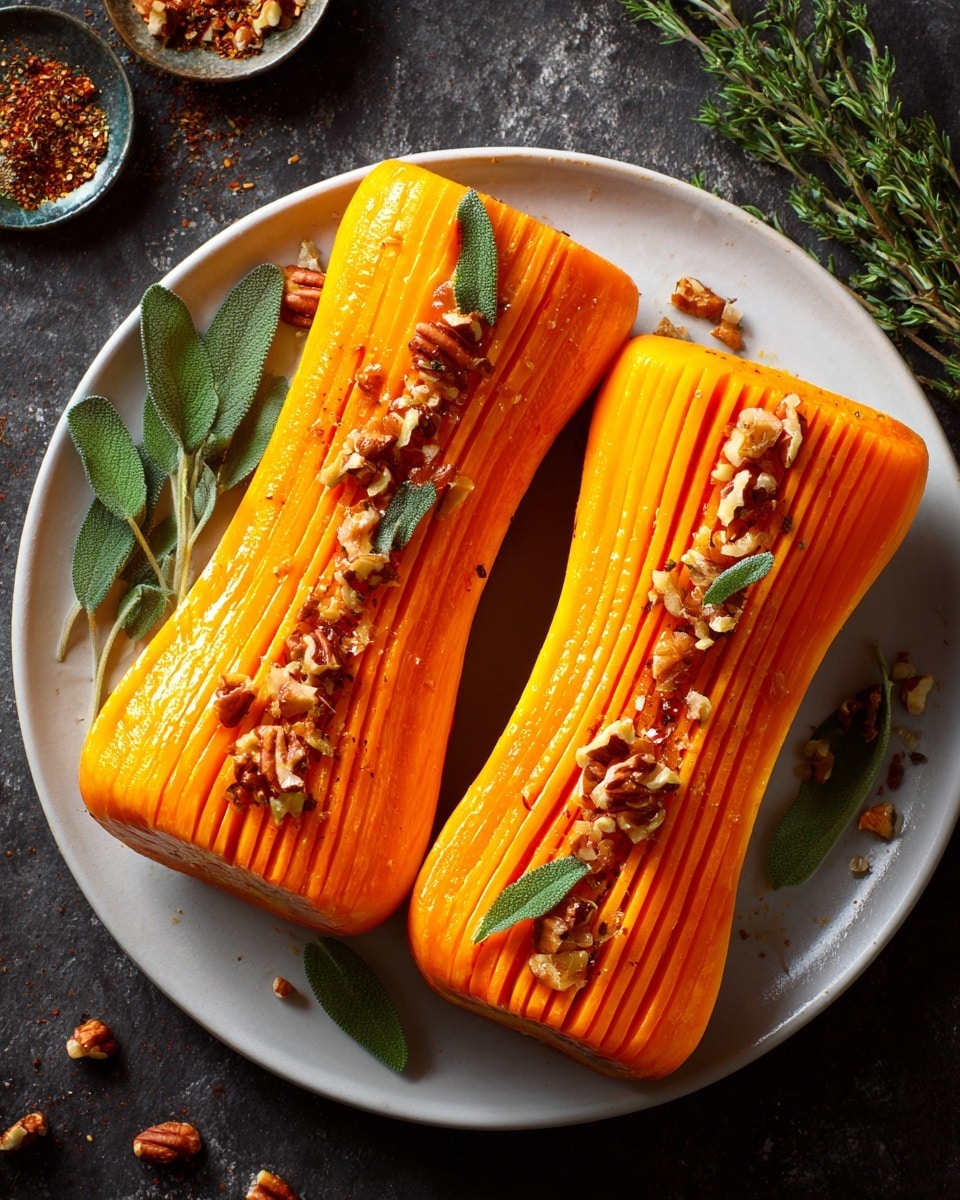 Two orange butternut squash halves are sliced thinly in layers while keeping their shape, placed side by side on a white plate. The squash is topped with scattered brown chopped nuts, small green sage leaves, and tiny dark red chili flakes. The plate sits on a dark blue cloth with a few loose nuts and green herbs around it. A white marbled texture is visible near the edges. Photo taken with an iphone --ar 4:5 --v 7