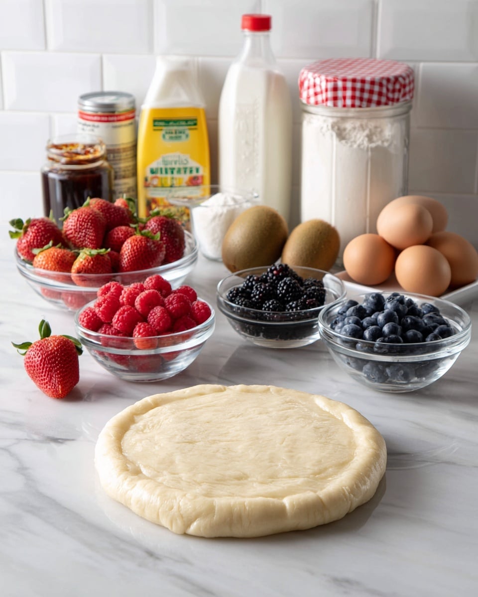 The image shows a round flat dough disk placed on a white marbled surface in the center. Around it, several clear glass bowls contain different fruits: bright red strawberries, dark blackberries, deep blue blueberries, and red raspberries. Two whole brown kiwis sit beside the blueberries. There are two brown eggs, a small white block of butter, and a jar of white sugar in the background. Next to them are a yellow container of corn starch, a bottle of whole milk with a red and white label, a small black bottle of vanilla extract, and a jar of apricot preserves with a red checkered lid. The background shows white tiled walls and the entire scene is well lit and neatly arranged. Photo taken with an iphone --ar 4:5 --v 7