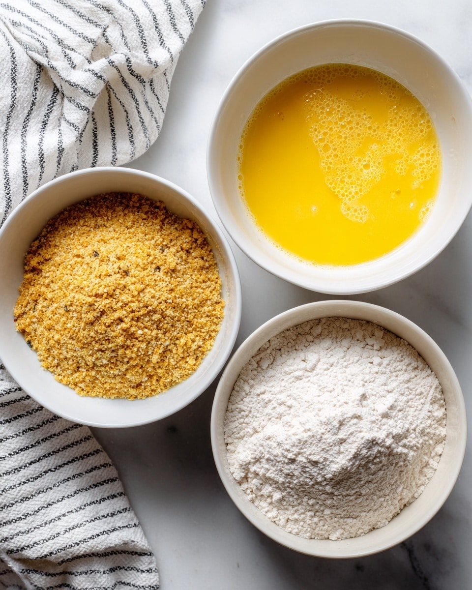 Three white bowls are placed on a white marbled surface, each containing a different coating ingredient for breading. The left bowl holds golden brown breadcrumbs with visible small bits of herbs and spices. The middle bowl contains bright yellow beaten eggs with a smooth, slightly frothy texture and a few small bubbles. The right bowl is filled with loose, white all-purpose flour with a fine texture that shows slight unevenness on the surface. A white and gray striped kitchen towel is partially visible in the upper left corner. Photo taken with an iphone --ar 4:5 --v 7