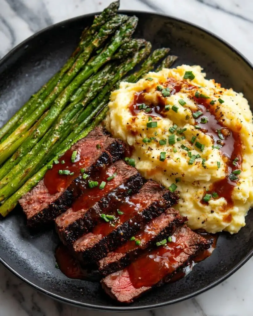 Pan-Seared Bavette Steak with Garlic-Parsley Butter, Crispy Potatoes, and Asparagus Recipe