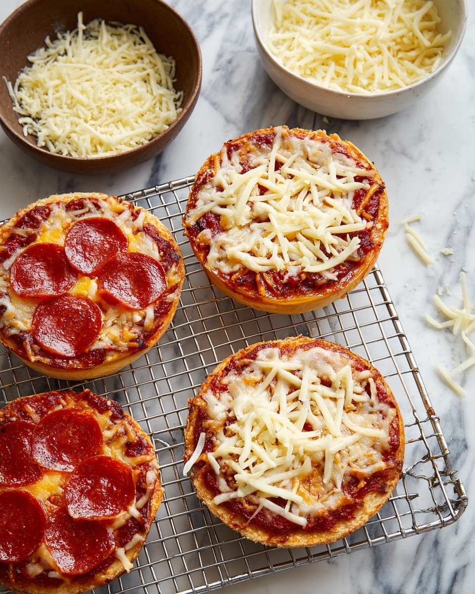 Four small round pizzas are on a silver wire cooling rack on a white marbled surface. Each pizza has three layers: a golden-brown crispy crust at the bottom, a layer of red tomato sauce in the middle, and a thick layer of shredded white cheese on top. Two pizzas have bright yellow pepper slices, and the other two have red pepperoni slices spread over the cheese. To the top left, there is a small brown bowl filled with light-colored shredded cheese, and to the top right, a larger white bowl filled with more shredded cheese. Photo taken with an iphone --ar 4:5 --v 7