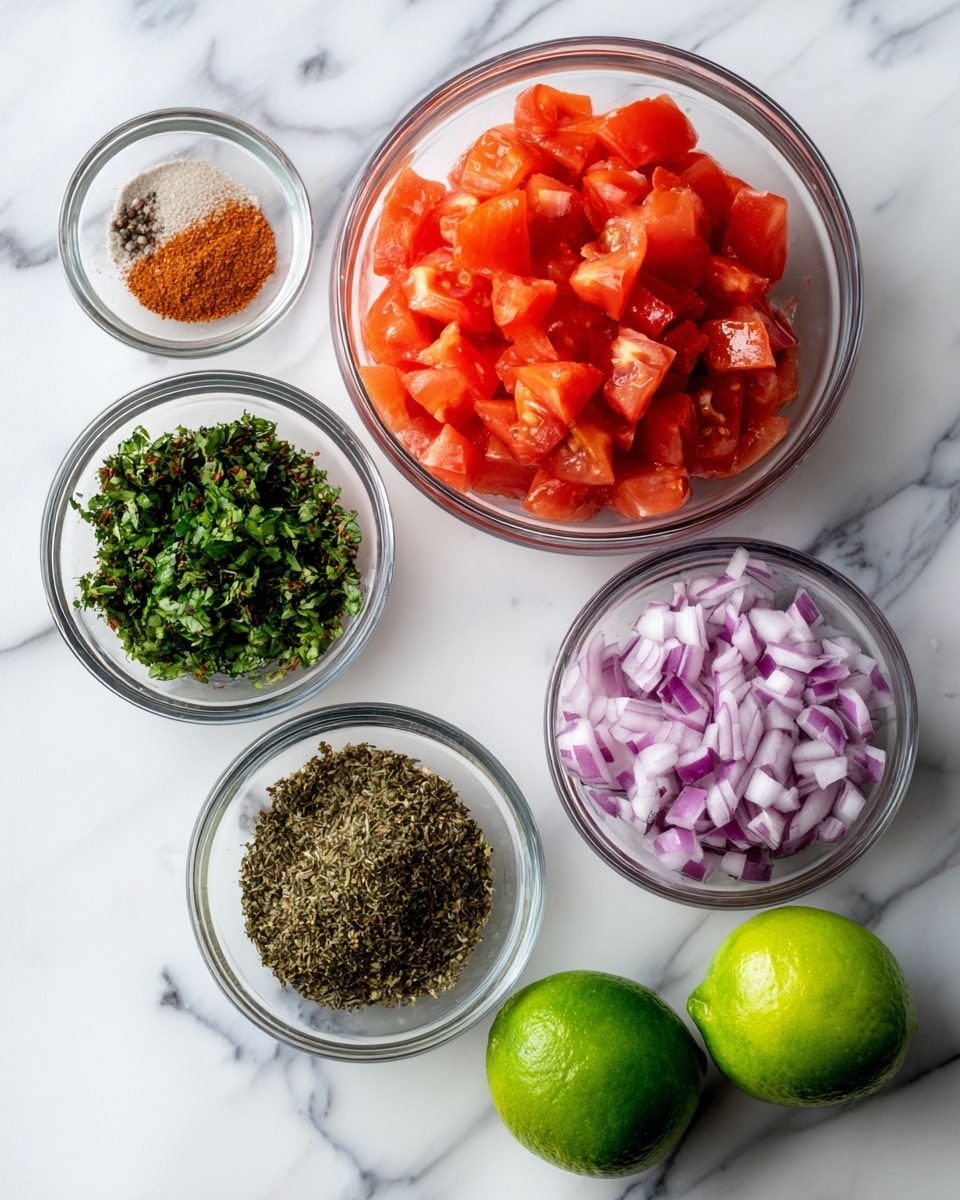 The image shows five glass bowls with different chopped ingredients placed on a white marbled surface. The largest bowl on the top right holds bright red chopped tomatoes with a juicy texture. Below it to the right, there is a medium bowl with finely chopped light purple onions. To the left of the onions, there are three small bowls arranged in a triangle: one with dark green chopped herbs, another with lighter green chopped herbs, and the last one holding a small amount of brown spice. Two whole green limes are placed next to the medium bowl with onions on the right side. photo taken with an iphone --ar 4:5 --v 7