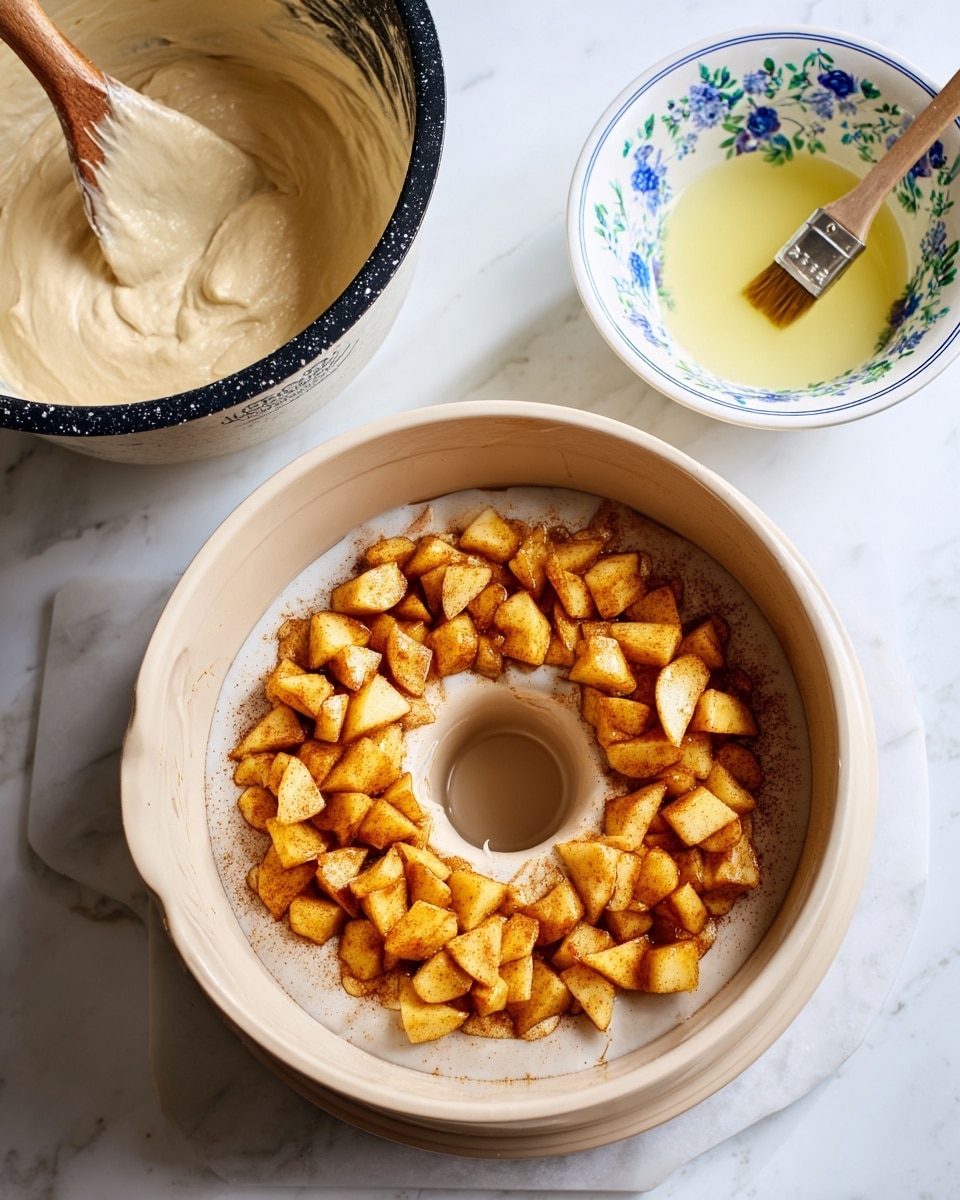 A Bundt cake pan sits on a white marbled surface, filled with a light beige batter layer at the bottom. On top, a generous layer of small, cubed golden yellow apples with a slight shine and bits of cinnamon or spice is spread around the inner ring of the pan. To the side, there is a white bowl with a blue floral pattern holding a light yellow liquid with a wooden brush resting inside it. Above the pan, a black and white mixing bowl with a wooden spatula holds more light beige batter. The whole scene is well-lit, showing a clean kitchen setup. Photo taken with an iphone --ar 4:5 --v 7