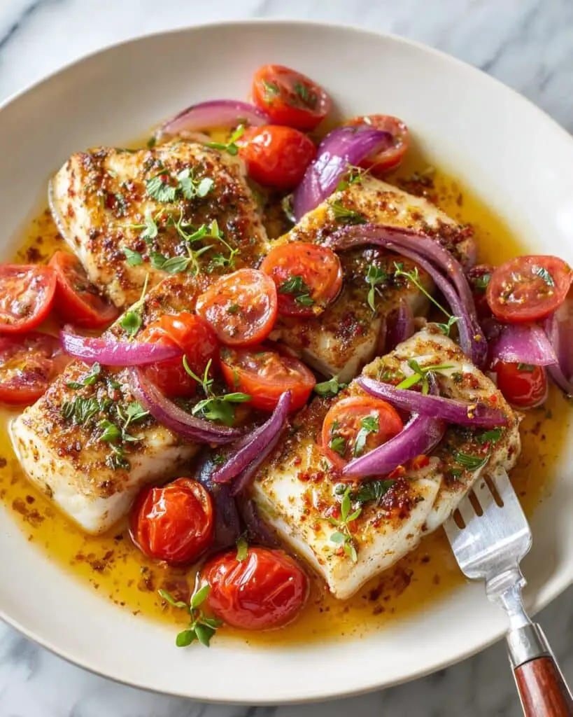 Mediterranean Baked Fish with Cherry Tomatoes, Dill, and Lemon Emulsion Recipe