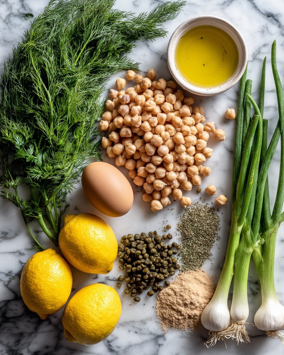 The image shows a white marbled surface with fresh ingredients neatly arranged. There are three bright yellow lemons near the bottom left and a bunch of fresh green dill on the top left. In the middle, there is a pile of light beige chickpeas, two brown eggs close to the center, and a small pile of dark green crushed capers below the chickpeas. On the top right, there is a small white bowl filled with golden olive oil, next to it two cloves of garlic are placed, and multiple green spring onions with white roots are aligned vertically on the far right. There are also small piles of dried green herbs and beige seasoning powder near the bowl of olive oil. Photo taken with an iphone --ar 4:5 --v 7