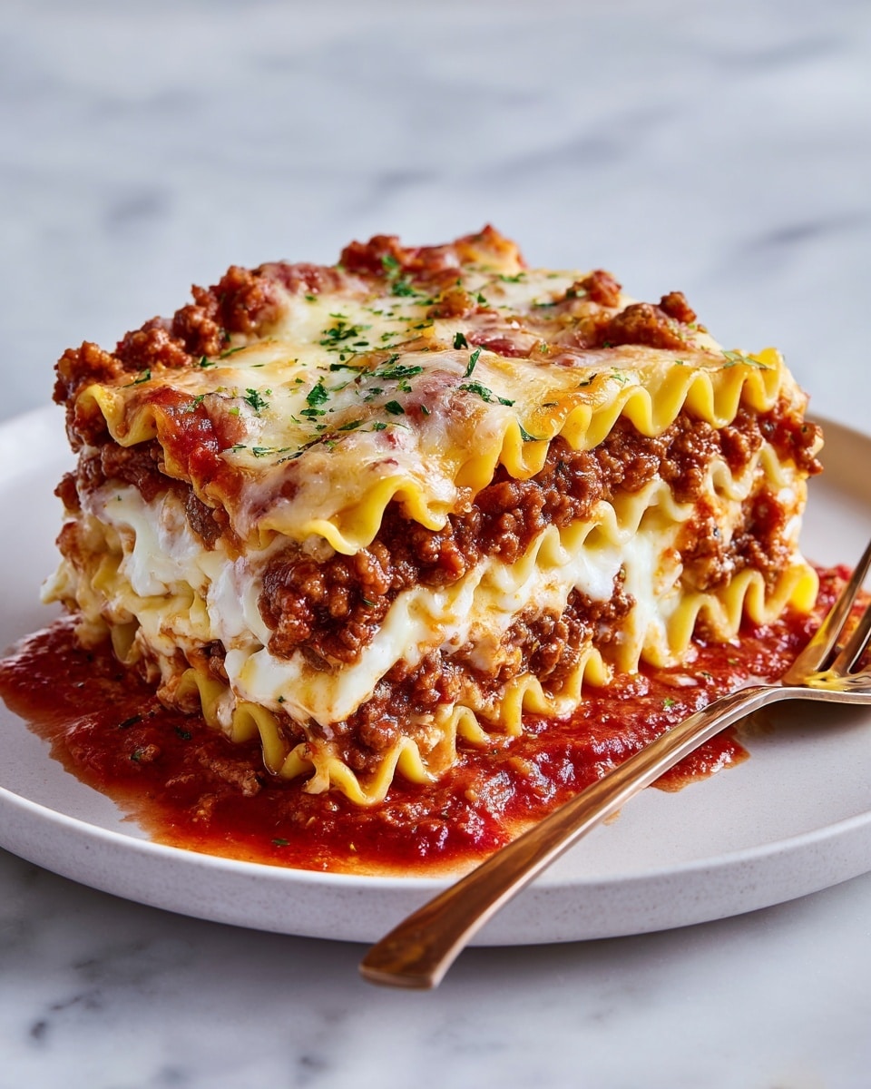 A piece of lasagna with four visible layers of wavy-edged pasta sheets filled with a mix of minced meat and cheese. The top layer is covered with melted white cheese sprinkled with small green herb pieces. The lasagna sits in a pool of bright red tomato sauce on a white plate. A copper fork is resting on the right side of the plate. The background surface is a white marbled texture. Photo taken with an iphone --ar 4:5 --v 7