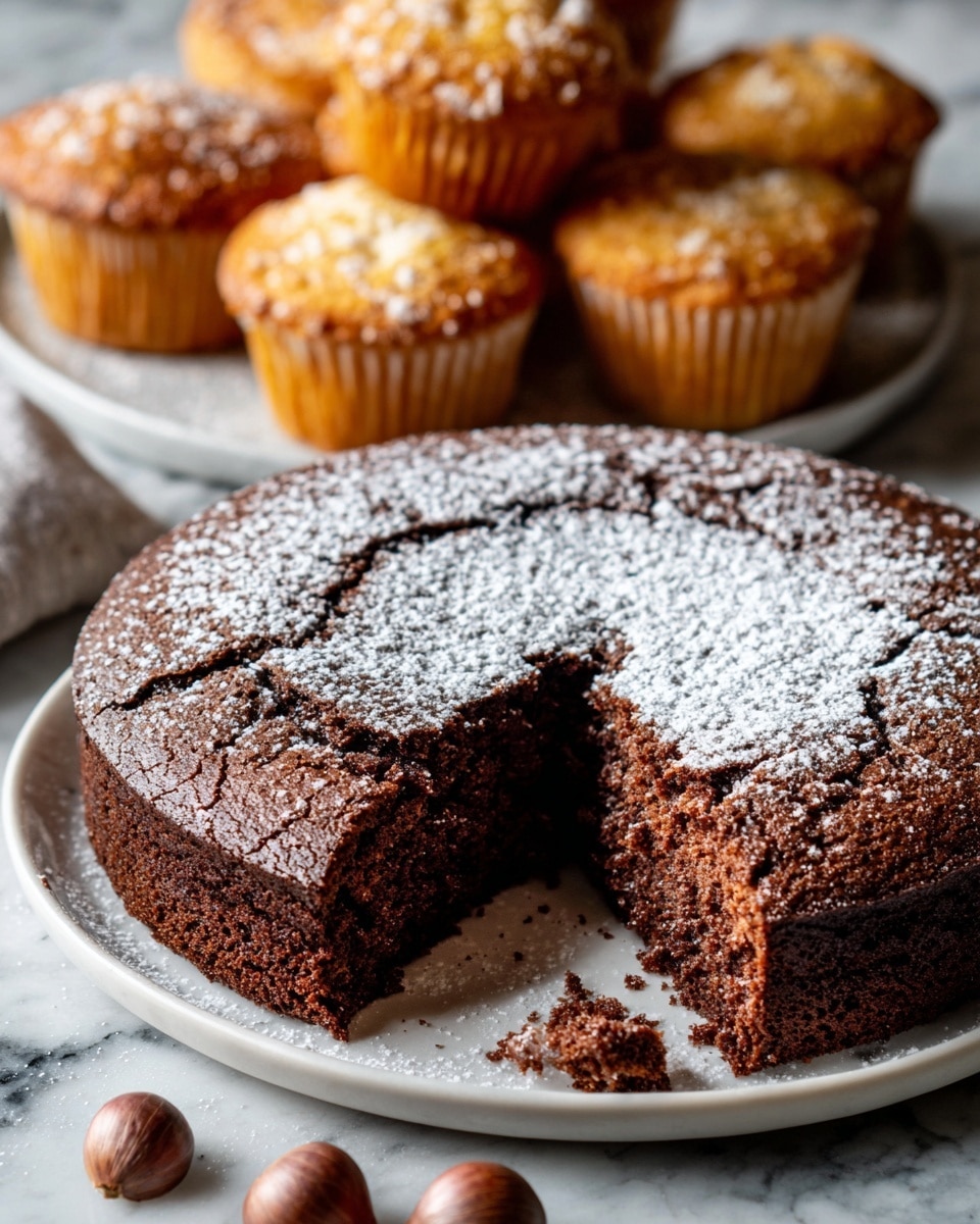 A round dark chocolate cake with a cracked top layer dusted with powdered sugar sits on a white plate. One slice is removed, showing a soft, moist, and slightly dense interior with rich chocolate texture. Around the cake, there are small red grapes in a white bowl and several golden brown muffins placed on the white marbled surface. The overall scene gives a cozy and inviting feel. photo taken with an iphone --ar 4:5 --v 7