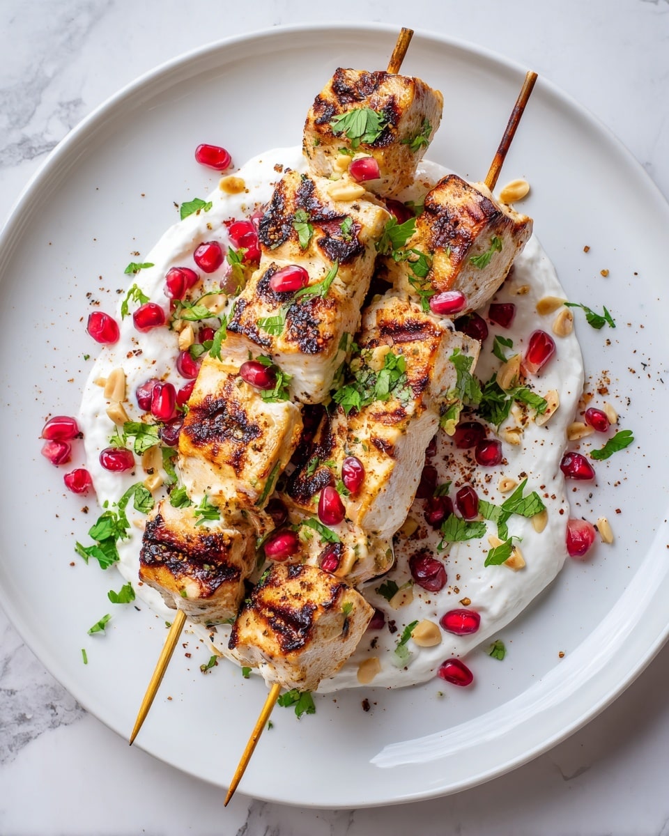 The image shows three skewers of grilled chicken pieces, light brown with charred grill marks and bits of green herbs on them. The skewers are placed on a white plate with a thick base layer of white creamy yogurt spread in a circle. On top of the yogurt, there are scattered toppings like red pomegranate seeds, light beige pine nuts, small green herb leaves, and some fine lemon zest sprinkled. The whole plate rests on a white marbled surface. photo taken with an iphone --ar 4:5 --v 7