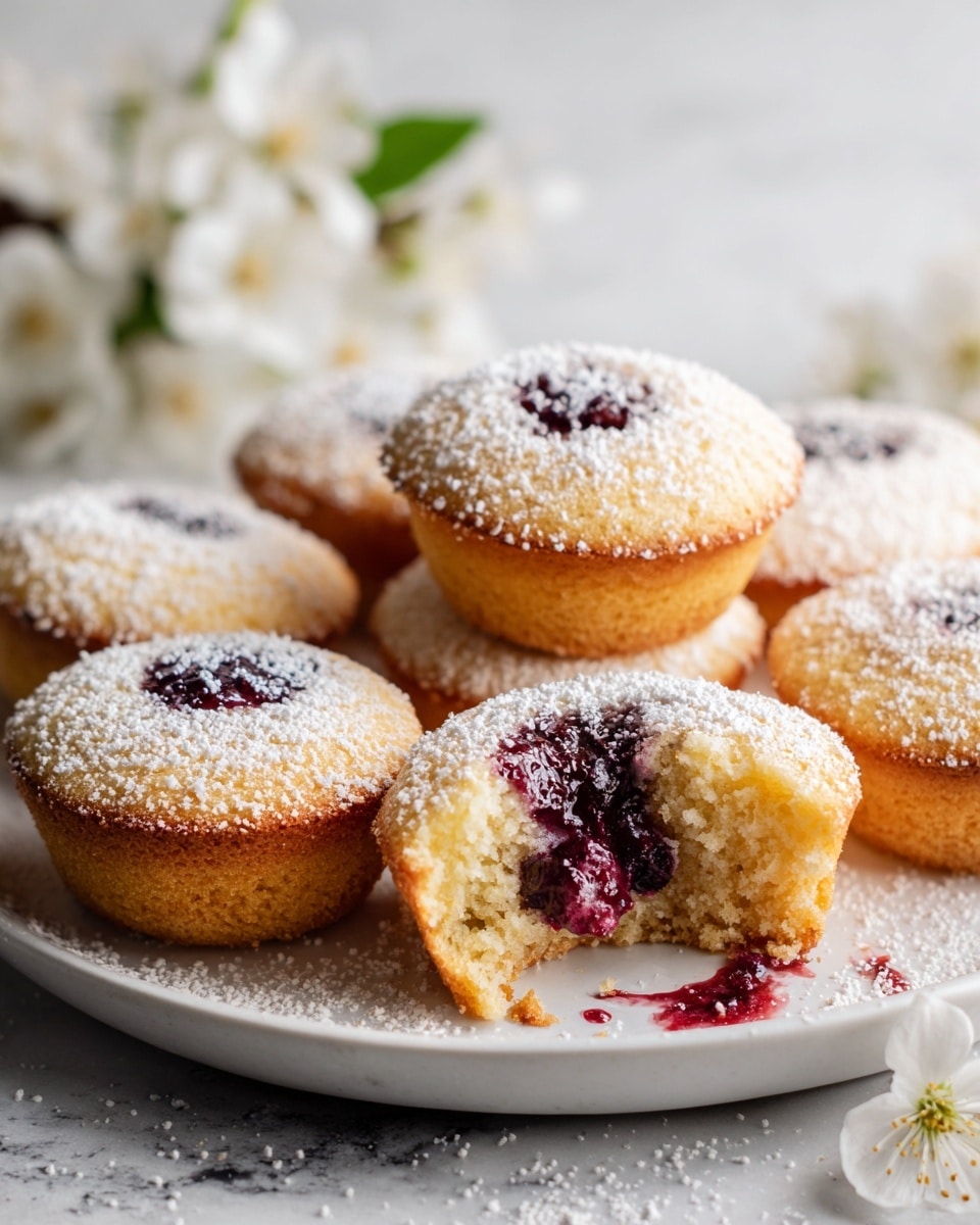 A close-up view of light golden round muffins stacked on a white plate, each muffin dusted with fine white powdered sugar on top. The muffins have a soft, crumbly texture and a small dark purple filling in the center, which is visible in one muffin that is broken in half near the front. The muffin interior is light yellow with a moist look, and the dark purple filling appears juicy and slightly chunky. The plate rests on a white marbled surface with white flowers blurred in the background. photo taken with an iphone --ar 4:5 --v 7