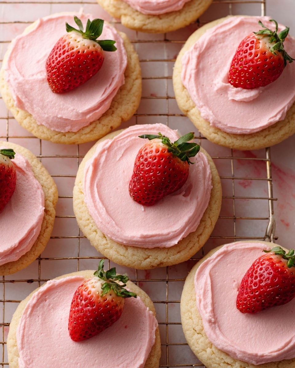 The image shows a tray of round cookies with two layers: the bottom is a light brown cookie with a soft texture and the top is a smooth layer of pink frosting spread evenly in a swirl pattern. Each cookie is topped with a halved fresh strawberry, some with the green leaf still attached and some without, placed in the center of the frosting. The cookies are arranged closely in a grid pattern on a silver wire cooling rack, which is set on a surface with a white marbled texture. Photo taken with an iphone --ar 4:5 --v 7