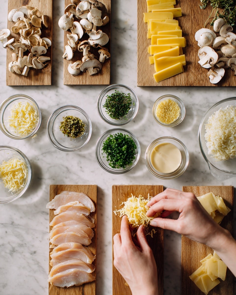 The image shows a white marbled surface with two wooden cutting boards holding slices of raw chicken and yellow cheese slices. Around these boards are small clear bowls filled with various ingredients: sliced mushrooms, chopped green herbs, grated cheese, a light powder, creamy liquids, and some minced or grated yellow pieces. A woman's hand is picking up one of the cheese slices. The colors are soft and natural, highlighting the freshness of the ingredients. photo taken with an iphone --ar 4:5 --v 7