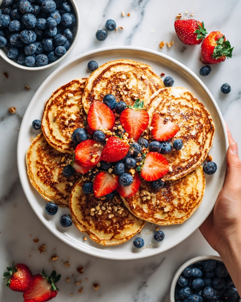 The image shows a round black skillet filled with a fruit pancake. The pancake has a golden brown color and is topped with a ring of sliced strawberries that are bright red. Inside the strawberry ring, there are scattered fresh blueberries which are deep blue and shiny. Some crushed nuts are sprinkled over the berries, adding a light brown crunchy texture. The skillet sits on a white marbled surface, with small white bowls holding extra blueberries placed near it. A woman's hand is gently holding the skillet handle. Photo taken with an iphone --ar 4:5 --v 7