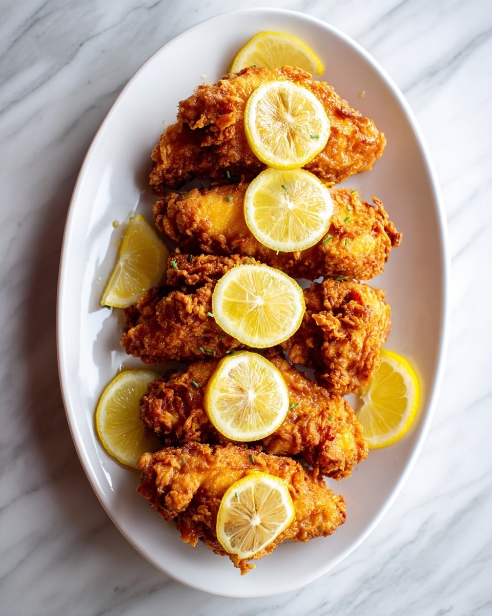 A white oval plate sits on a white marbled surface, holding several pieces of golden-brown breaded chicken tenders arranged in a slightly overlapping stack. The chicken has a crispy, rough texture with small bits of seasoning visible on the coating. Thin lemon slices with pale yellow skin and translucent light yellow flesh are placed evenly, partially resting on top of the chicken pieces. The scene includes a woman's hand delicately holding one piece of chicken at the edge of the plate. Photo taken with an iphone --ar 4:5 --v 7