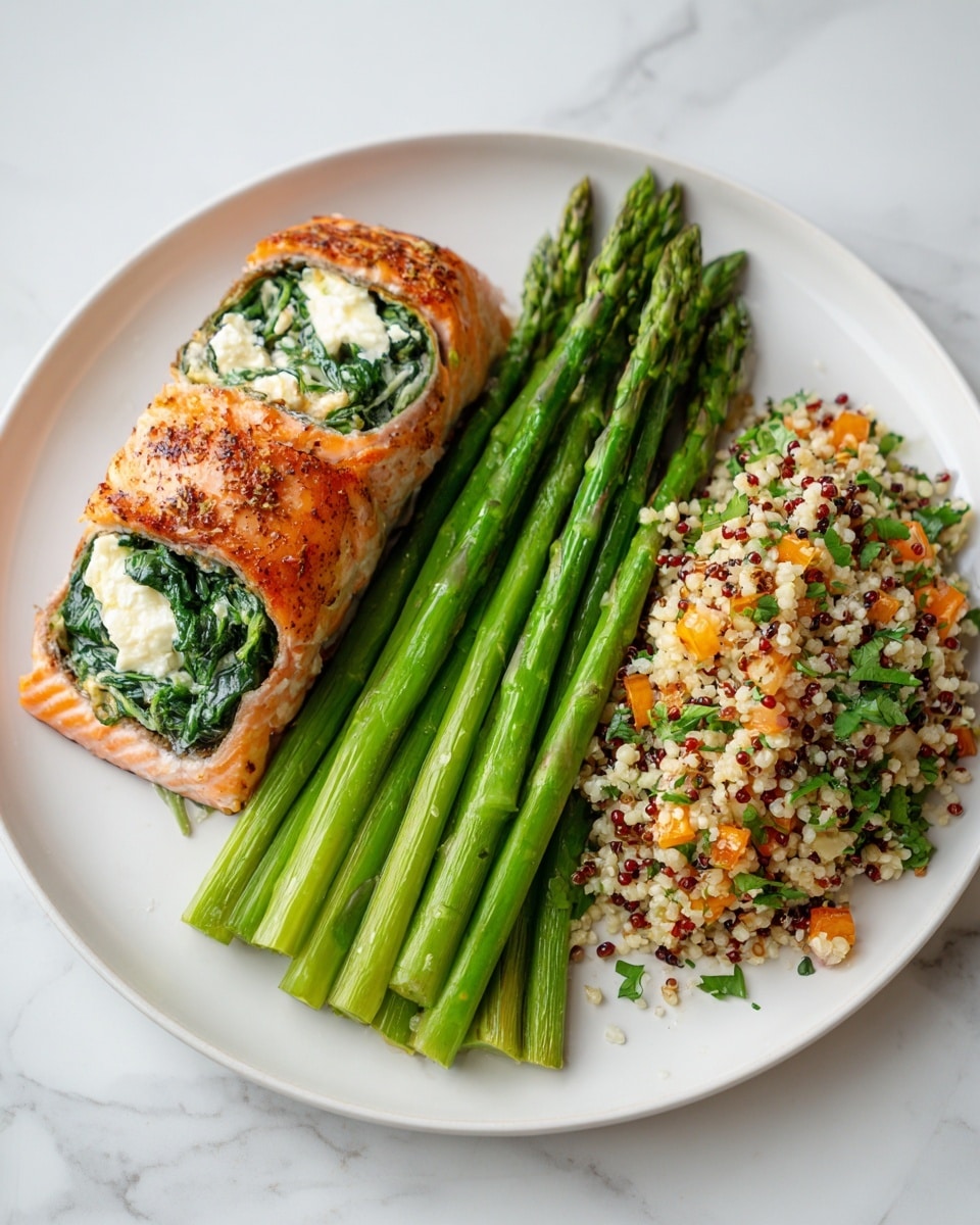 A white plate with three main parts: on the right, a piece of cooked salmon with a golden-brown top layer, revealing a creamy, light green spinach and cheese filling inside, showing one neat slice; in the middle, a bundle of green asparagus spears arranged neatly side by side; on the left, a small mound of multicolored quinoa with visible grains of white, black, and orange, mixed with tiny vegetable bits, all placed on a white marbled surface. photo taken with an iphone --ar 4:5 --v 7
