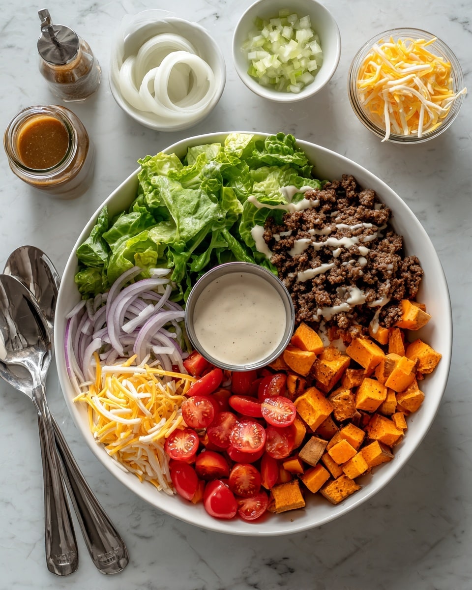 A white bowl sits on a white marbled surface and contains a colorful layered salad. Starting at the top left, there is a layer of bright green chopped lettuce, next to a small metal cup filled with creamy white dressing. To the right of the dressing is a thick layer of dark brown cooked ground meat with a drizzle of light sauce over it. Below the meat, there are orange roasted sweet potato cubes with a slightly crispy texture. On the bottom left side, there are halved vibrant red cherry tomatoes sprinkled with fresh chopped green herbs, and above them are thin rings of pale purple-red onions. A mound of shredded yellow and white cheese is placed in the center, slightly overlapping the other ingredients. Two metal forks rest on the edge of the bowl. In the background, there are two small white bowls, one with thin purple onion slices and the other with greenish chunky relish, as well as a glass jar of creamy dressing with a spoon inside. Some shredded cheese and chopped herbs are scattered on the wooden surface near the bowl. Photo taken with an iphone --ar 4:5 --v 7