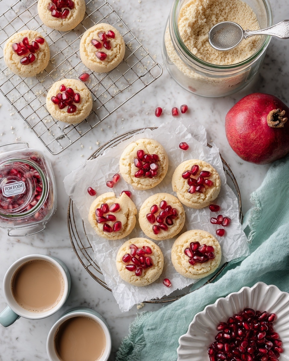 The image shows many round cookies with pomegranate seeds baked on top, arranged in different ways. There is a wire rack in the middle holding about fifteen cookies on white parchment paper. To the left, more cookies are on a white plate and another cooling rack. The cookies are light brown with small red pomegranate seeds on top. Above the main rack, a glass jar with flour and a measuring spoon inside it can be seen, along with a whole red pomegranate. To the right, a small white bowl filled with pomegranate seeds is partially visible. At the bottom left, a white cup with golden honey or syrup inside is placed next to a container labeled with pomegranate branding. A white scalloped plate with three cookies is near the bottom edge, and a folded light blue cloth rests on a white marbled surface in the corner. photo taken with an iphone --ar 4:5 --v 7