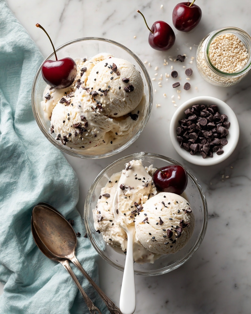 Two glass bowls each hold two scoops of white ice cream with small dark chocolate chips sprinkled on top. Each bowl also contains three bright red cherries on the side. A white spoon is placed inside the bowl at the bottom. The bowls are set on a white marbled surface with a light blue cloth nearby. A small white bowl filled with dark chocolate chips and a jar of white sesame seeds are also placed around the bowls. Two silver spoons rest beside the bowls. Photo taken with an iphone --ar 4:5 --v 7