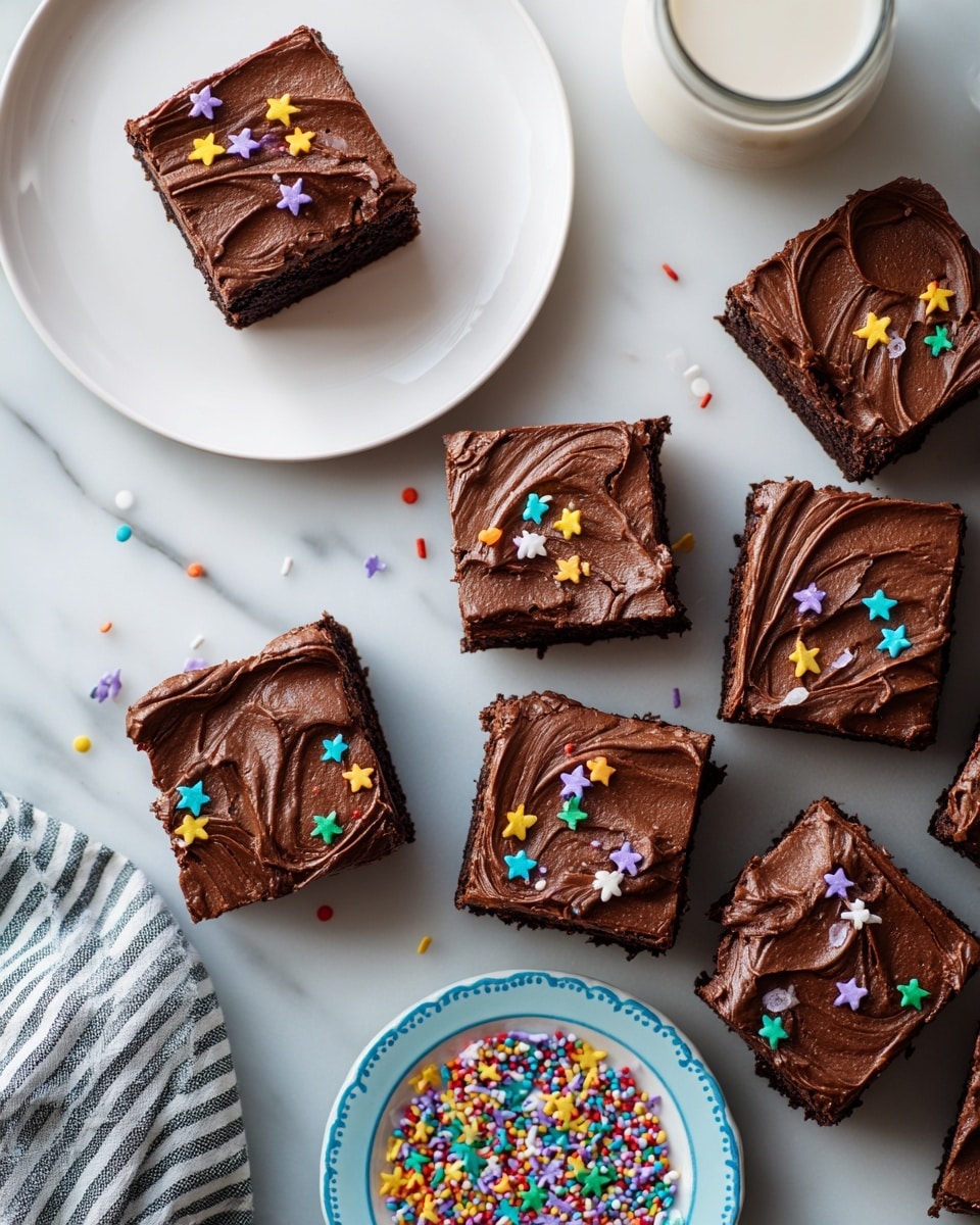 Nine square pieces of dark chocolate brownie are arranged tightly on a white marbled surface. Each brownie has one thick, smooth layer of glossy chocolate frosting on top, decorated with various small star and round-shaped colorful sprinkles scattered unevenly. One brownie is placed alone on a white plate near the top of the image. To the right, there is a small white plate holding more colorful star-shaped sprinkles. The setting also includes parts of other white plates and a glass of milk resting on the white marbled surface. The photo taken with an iphone --ar 4:5 --v 7