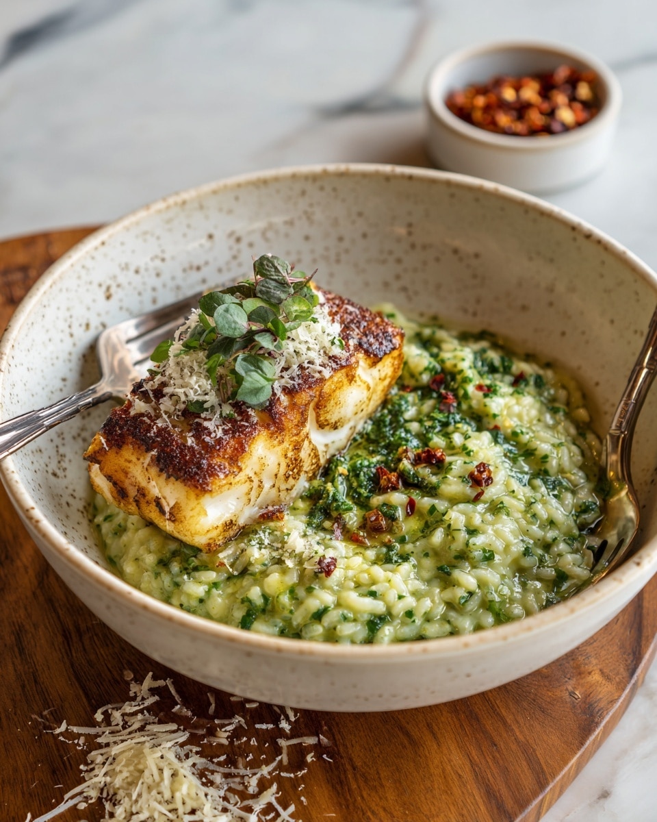 A white bowl contains two main layers: the bottom layer is bright green risotto with a creamy texture, mixed with small leafy herbs scattered throughout, while the top layer is a golden-brown cooked white fillet, slightly crispy on the outside. Both the risotto and fillet are sprinkled with finely grated cheese and chopped fresh green herbs. The dish is garnished lightly with bits of red seasoning. Two spoons rest partially in the bowl, and the background shows a white marbled surface with a small white bowl filled with red flakes blurred in the distance. Photo taken with an iphone --ar 4:5 --v 7