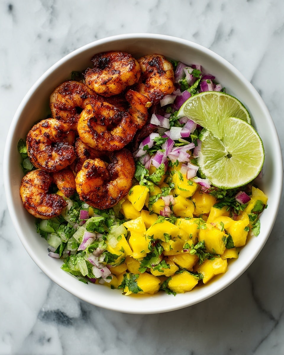 A bowl filled with three main layers: the bottom layer is a colorful mix of diced yellow mango, small pieces of red onion, green herbs, and tiny bits of orange and green vegetables, creating a fresh and vibrant base. On top of this is a layer of golden brown grilled shrimp that have a slightly charred look, arranged in a casual pile across the bowl. Two lime wedges with bright green skin and pale green flesh rest on the side of the shrimp, adding a fresh accent. The bowl is white with a subtle texture and sits on a white marbled surface. photo taken with an iphone --ar 4:5 --v 7