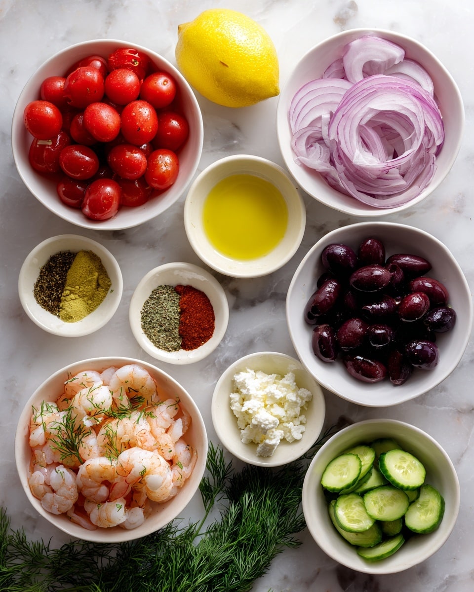 The image shows seven white bowls arranged on a white marbled surface, each filled with fresh ingredients. The top left bowl holds a pile of shiny red cherry tomatoes, while next to it is a whole lemon. To the top right, a bowl is layered with curled white onion slices, curled purple onion slices at the bottom, a halved lemon in the center, and three piles of different spices (greenish, red, and brown) beside the lemon. Below this, a bowl is full of dark olives in black and purple shades. To the bottom left, a bowl overflows with pink cooked shrimp sprinkled with green herbs. Between these bowls are smaller bowls holding light yellow olive oil and white crumbled cheese. One bowl contains sliced green cucumber rounds. Fresh green dill is spread under and around the bowls on the lower right. Photo taken with an iphone --ar 4:5 --v 7