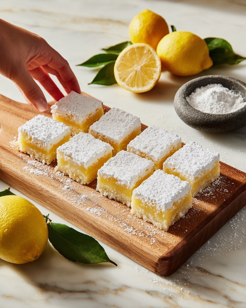 A wooden board holds nine square lemon bars arranged in a neat grid, each with a light golden-yellow base topped by a thick white powdered sugar layer that looks soft and slightly fluffy. The corners are clean and the bars appear dusted evenly on top with powdered sugar. To the side, a small dark stone bowl also filled with powdered sugar sits on a white marbled surface. Nearby, a group of yellow lemons, some whole and one sliced in half to reveal the juicy inside, rest with green leaves adding a fresh touch. A woman's hand is reaching from the left side toward the bars. Photo taken with an iphone --ar 4:5 --v 7
