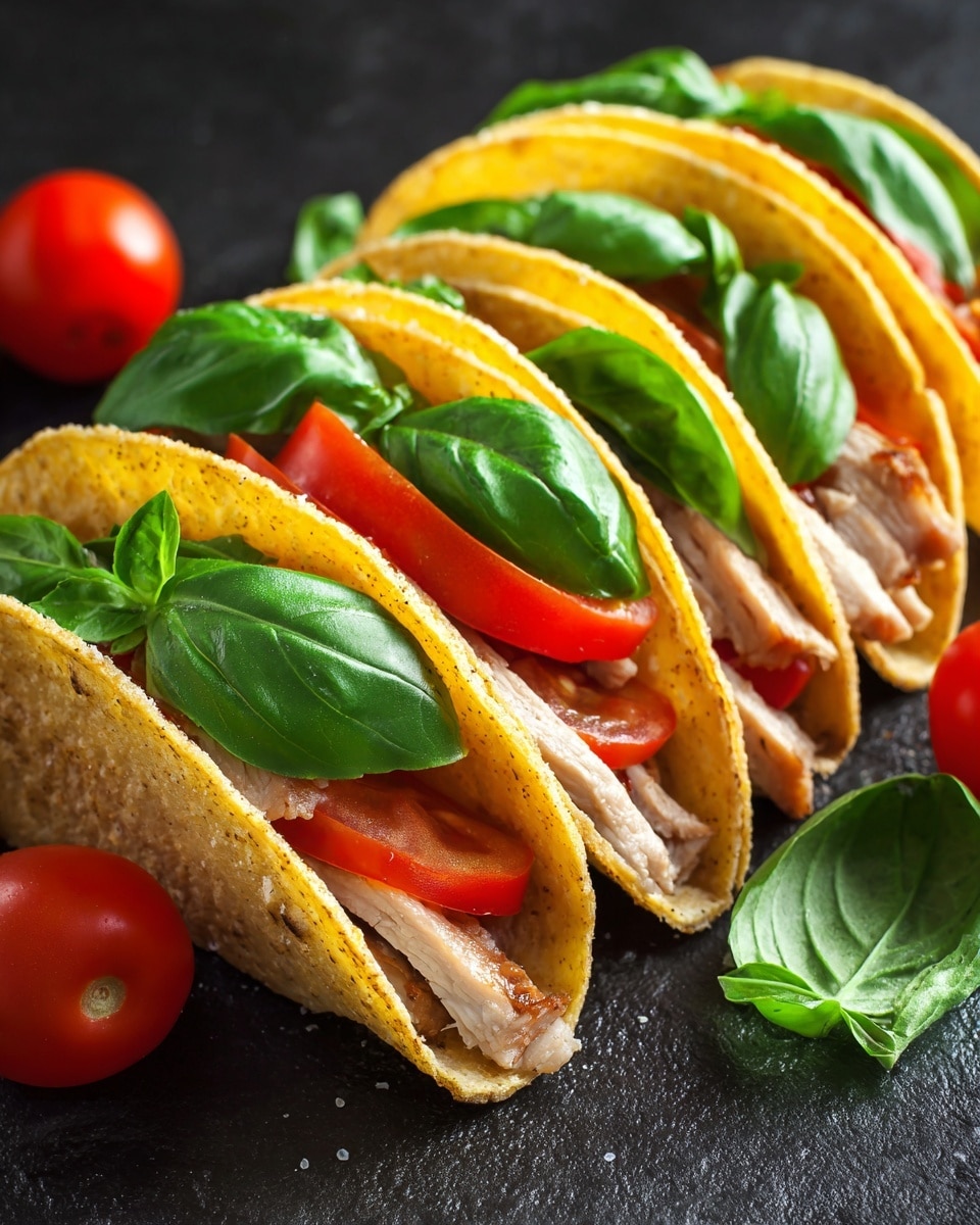 The image shows five tacos arranged in a row on a dark surface with some tomatoes and green leaves scattered around. Each taco has a yellowish soft shell folded in half, inside of which are layers of thin, light beige slices of cooked meat, bright red round tomato slices, and fresh green basil leaves. The meat slices have a slightly rough texture with some brown edges, and the tomato slices are juicy and glossy. The green basil leaves add a fresh, smooth contrast, sitting on top of the meat and tomato layers inside each taco. The whole scene is brightly lit, showing the vibrant colors and textures clearly, with the dark background making the colors stand out. photo taken with an iphone --ar 4:5 --v 7