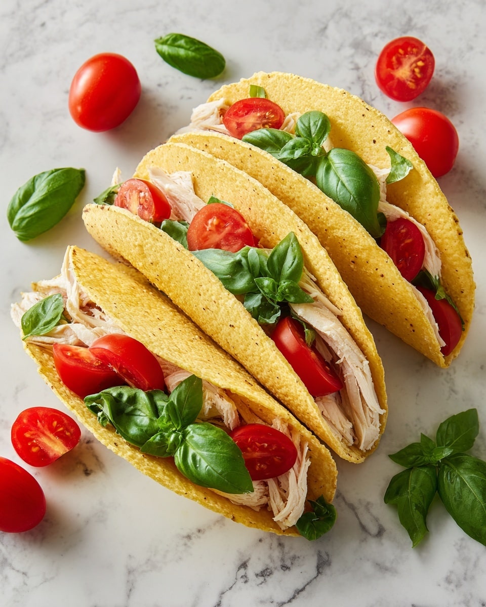 Three soft yellow tortillas are folded and filled with layers of pale roasted turkey slices, bright red tomato slices, and fresh green basil leaves. The tortillas show a slight fluffy texture, and inside, the turkey looks tender and evenly sliced. The tomato slices have a juicy texture with visible seeds. The basil leaves are placed on top and between filling layers, adding a fresh green color contrast. The food is arranged close together on a white marbled surface with small cherry tomatoes and green leaves scattered around. Photo taken with an iphone --ar 4:5 --v 7